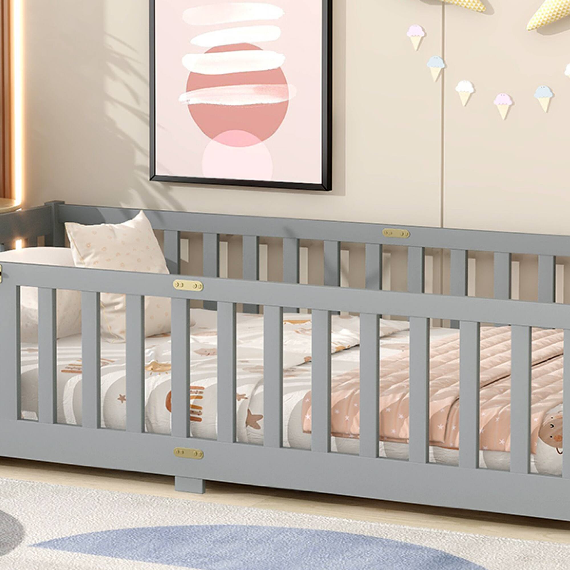 Alt View 9. GOODSILO - Twin Size Floor Bed with Safety Fence and Door for Kids, Sturdy Rubber Wood Construction - Grey.