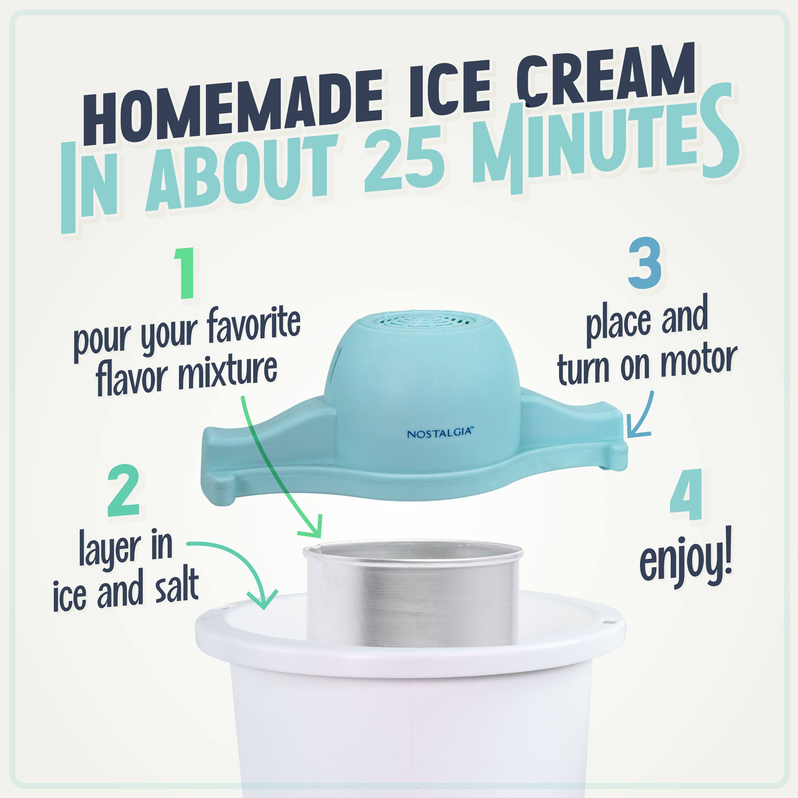 HOMEMADE ICE CREAM IN ABOUT 25 MINUTES

1. pour your favorite flavor mixture
2. layer in ice and salt
3. place and turn on motor
4. enjoy!