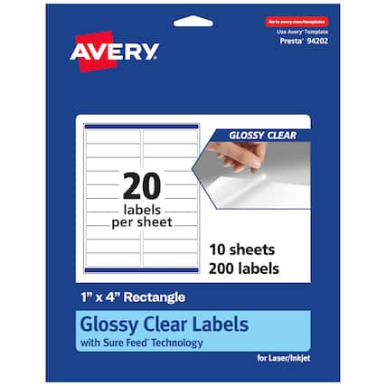Go to avery.com/templates
AVERY
Use Avery Template Presta® 94202
GLOSSY CLEAR
20 labels per sheet
10 sheets 200 labels
1" x 4" Rectangle Glossy Clear Labels with Sure Feed Technology for Laser/Inkjet