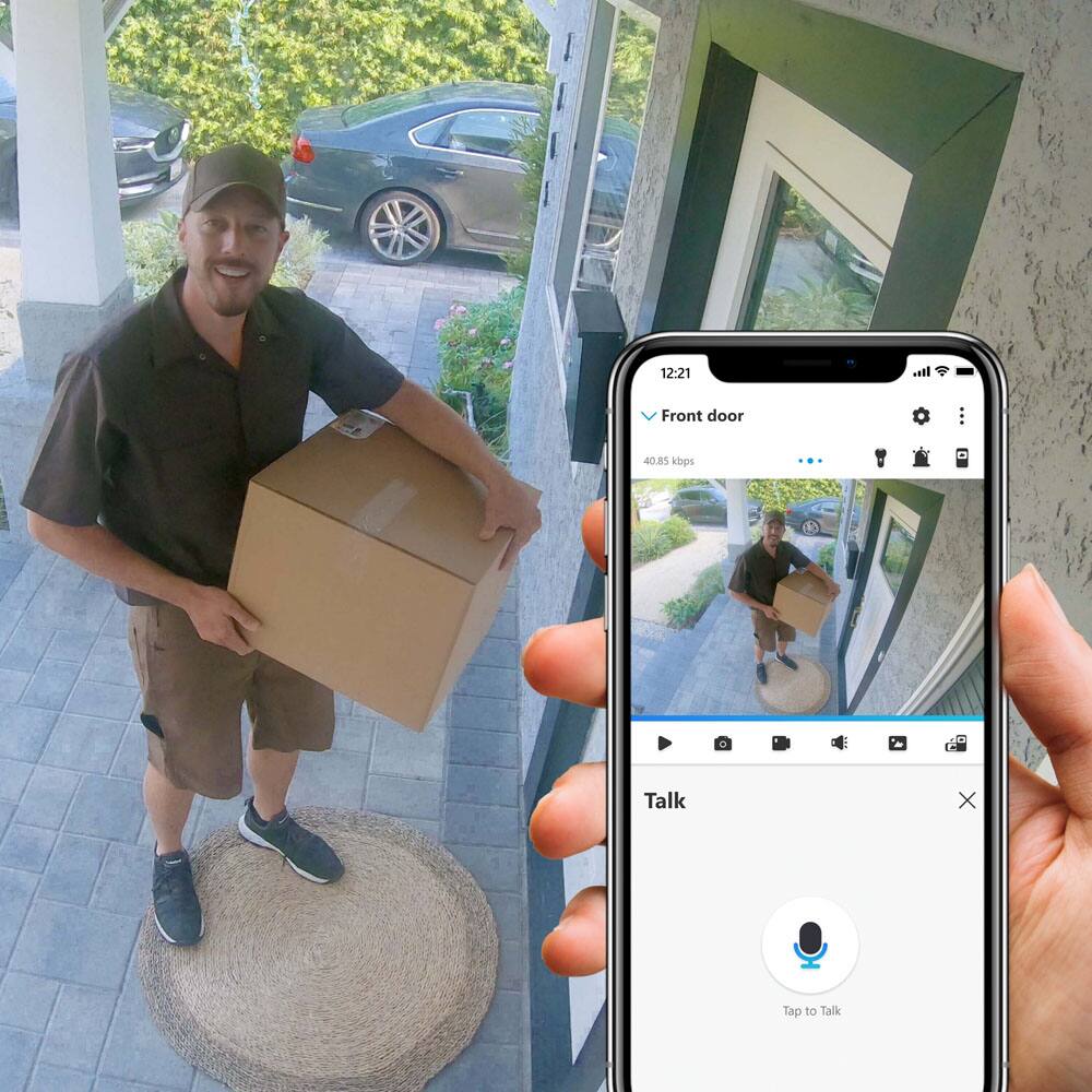 The text on the image reads: "12:21 Front door: 40.85 kbps. O Talk X Tap to Talk."