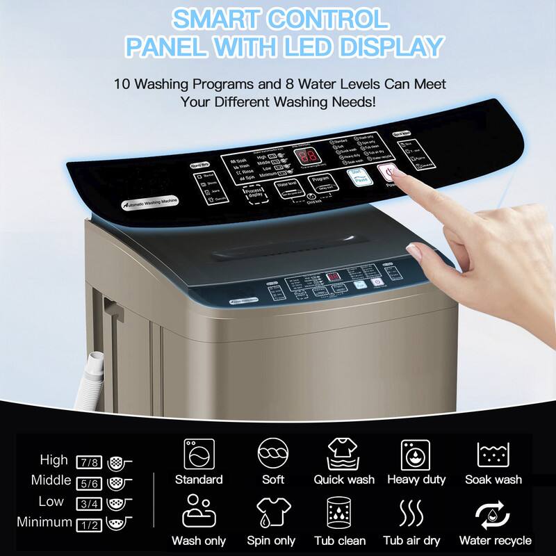 SMART CONTROL PANEL WITH LED DISPLAY

10 Washing Programs and 8 Water Levels Can Meet Your Different Washing Needs!

- High 7/8
- Middle 5/6
- Low 3/4
- Minimum 1/2

- Standard
- Soft
- Quick wash
- Heavy duty
- Soak wash
- Wash only
- Spin only
- Tub clean
- Tub air dry
- Water recycle
