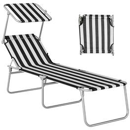 Outsunny - Outdoor Lounge Chair, Adjustable Folding Chaise Lounge, Tanning Chair with Sun Shade for Beach, Camping, Hiking - Black and White