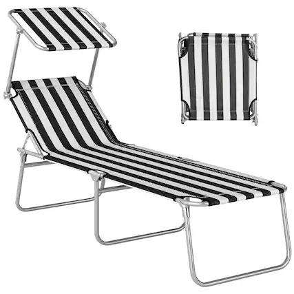 Front. Outsunny - Outdoor Lounge Chair, Adjustable Folding Chaise Lounge, Tanning Chair with Sun Shade for Beach, Camping, Hiking - Black and White.