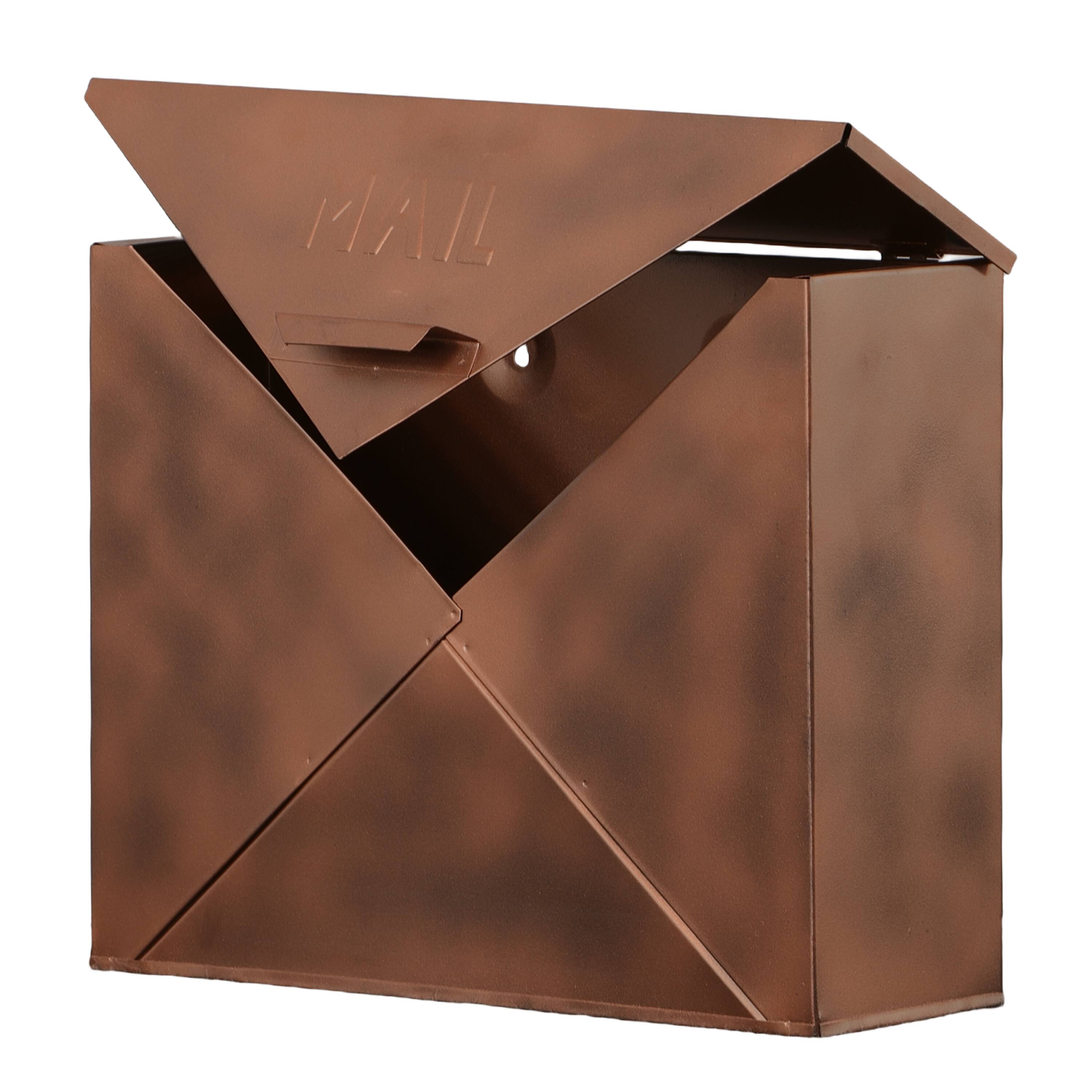 Angle. Manhattan Lane - Envelope Shaped Wall Mount Metal Mail Box - Brown.