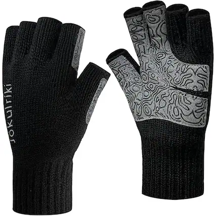 Front. THIRSTY TURTLE - Fingerless Merino Wool Gloves for Men and Women, Warm and Comfortable for Cold Weather and Winter Use - Black.