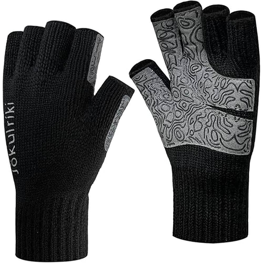 Front. THIRSTY TURTLE - Fingerless Merino Wool Gloves for Men and Women, Warm and Comfortable for Cold Weather and Winter Use - Black.