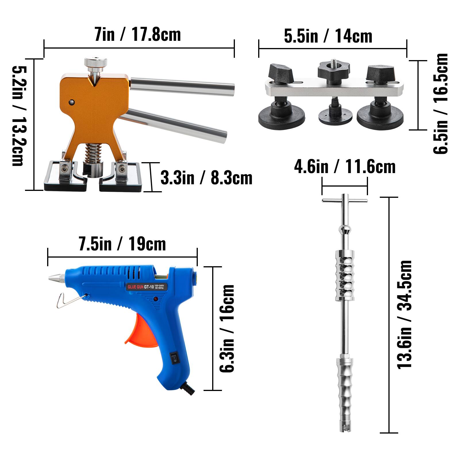 5.2in / 13.2cm  
7in / 17.8cm  
5.5in / 14cm  
4.6in / 11.6cm  
3.3in / 8.3cm  
7.5in / 19cm  
6.5in / 16.5cm  
6.3in / 16cm  
13.6in / 34.5cm