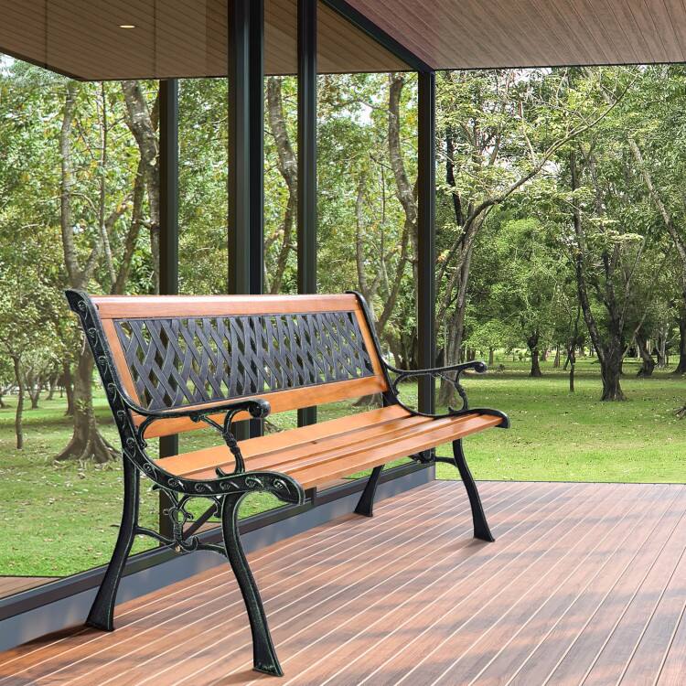 Angle. Mondawe - 49.5in Freestanding Cast Iron Patio Bench w/ Solid Wood Seat, Outdoor Garden Bench for 3 Persons - Brown.