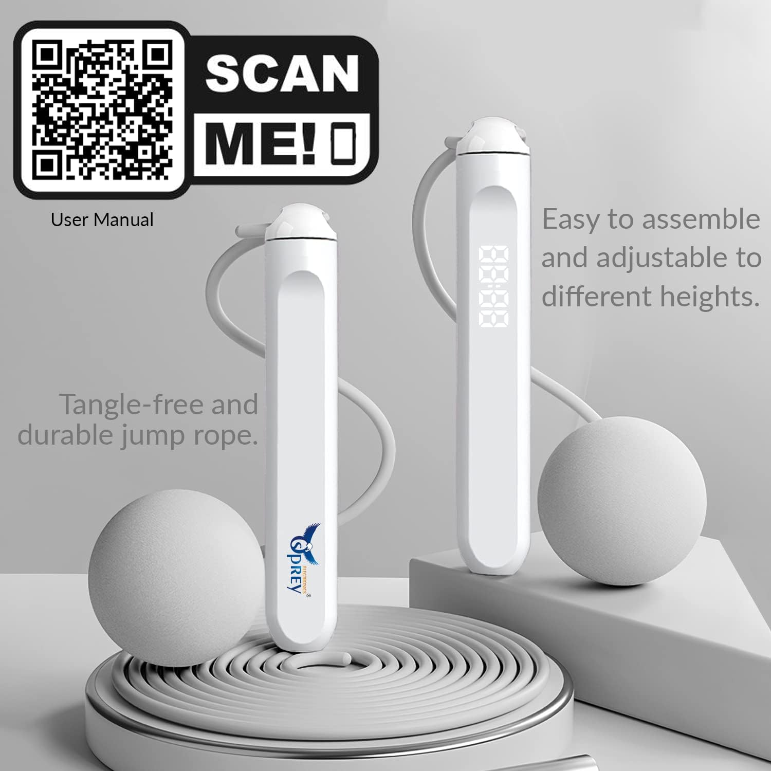 SCAN ME!  
User Manual

Easy to assemble and adjustable to different heights.

Tangle-free and durable jump rope.

SPREY