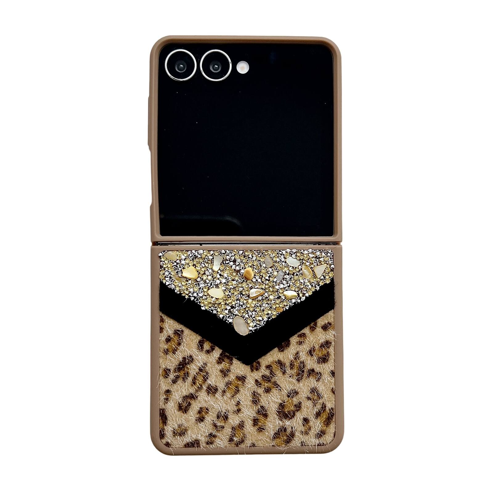 Angle. Dteck - Shockproof Phone Case for Samsung Galaxy Z Flip7 with Beaded Wrist Strap, Glitter Rhinestone Hard PC Protective Cover - Gold.