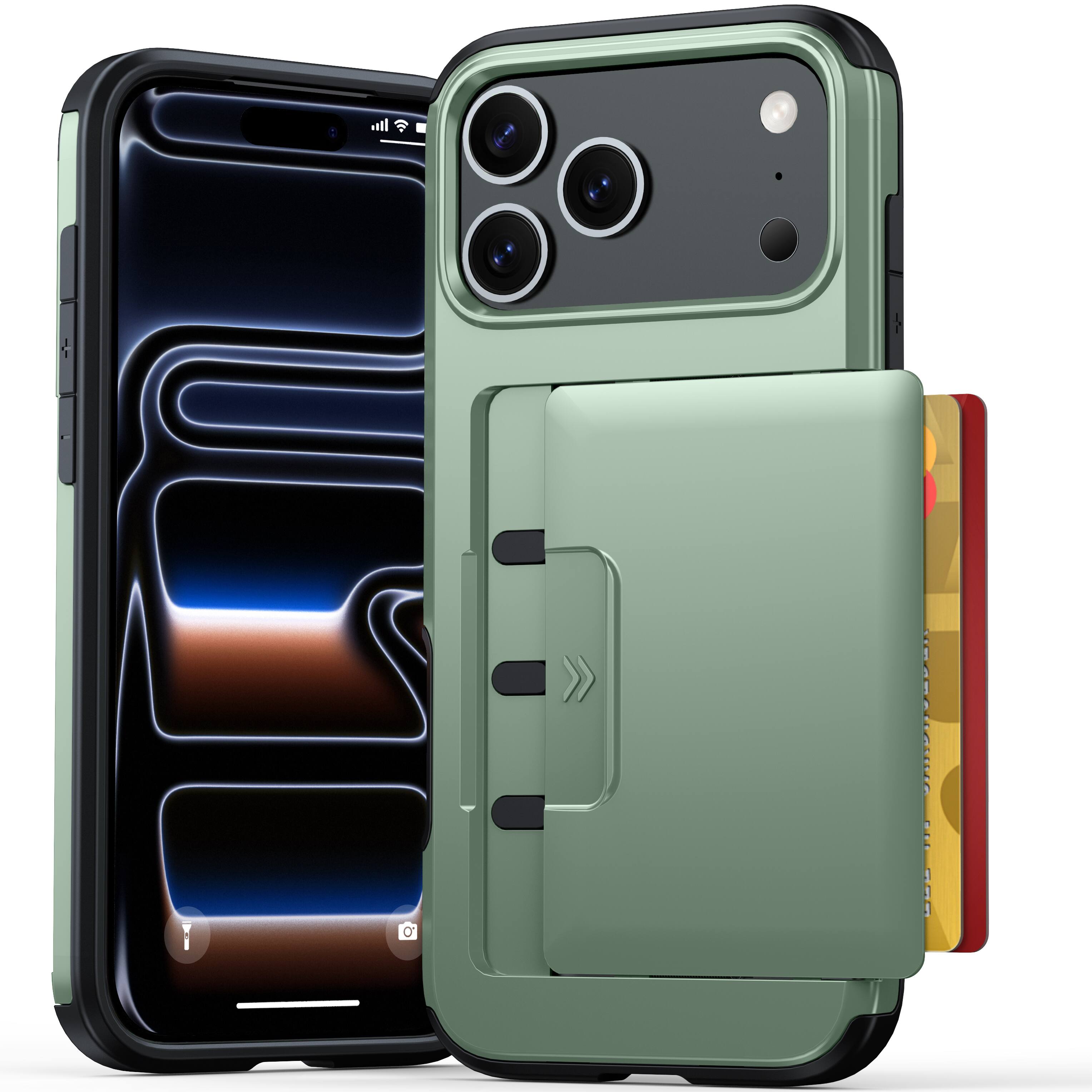 Front. Dteck - Shockproof Sliding Wallet Phone Case for Apple iPhone 17 Pro Max with Card Slot, Hard PC Dual Layer Protective Cover - Armygreen.