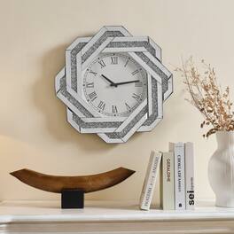BreeBe - 20" Large Mirrored Wall Clock with Roman Numerals, Crushed Diamond Beveled Glass Frame for Home Decor - Silver