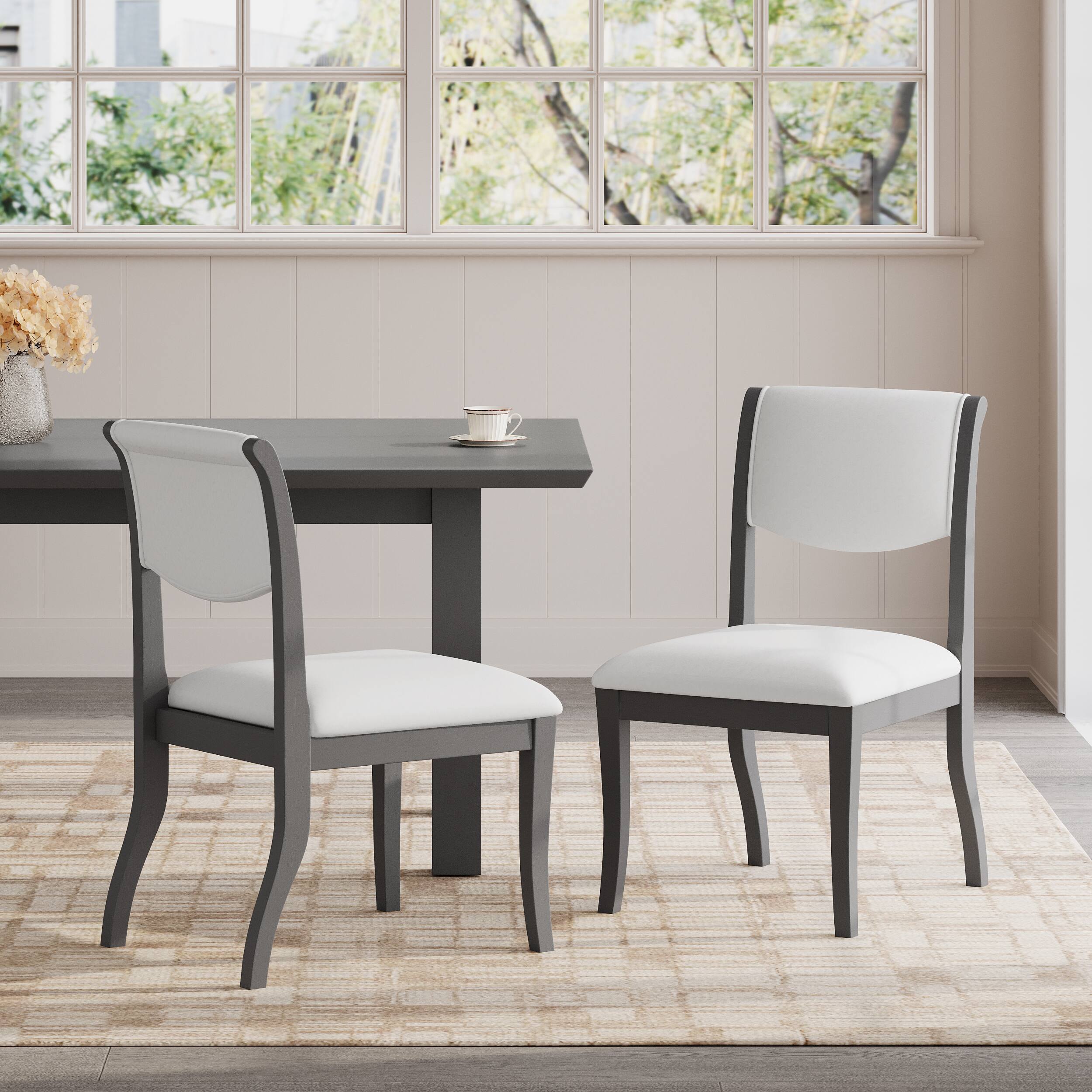 Left. TinyHomie - Dining Table Set 39.4in Round Table 2 Chairs Traditional Solid Wood Kitchen Set with Inlaid Tabletop Elegant Curved Legs - Grey and White.
