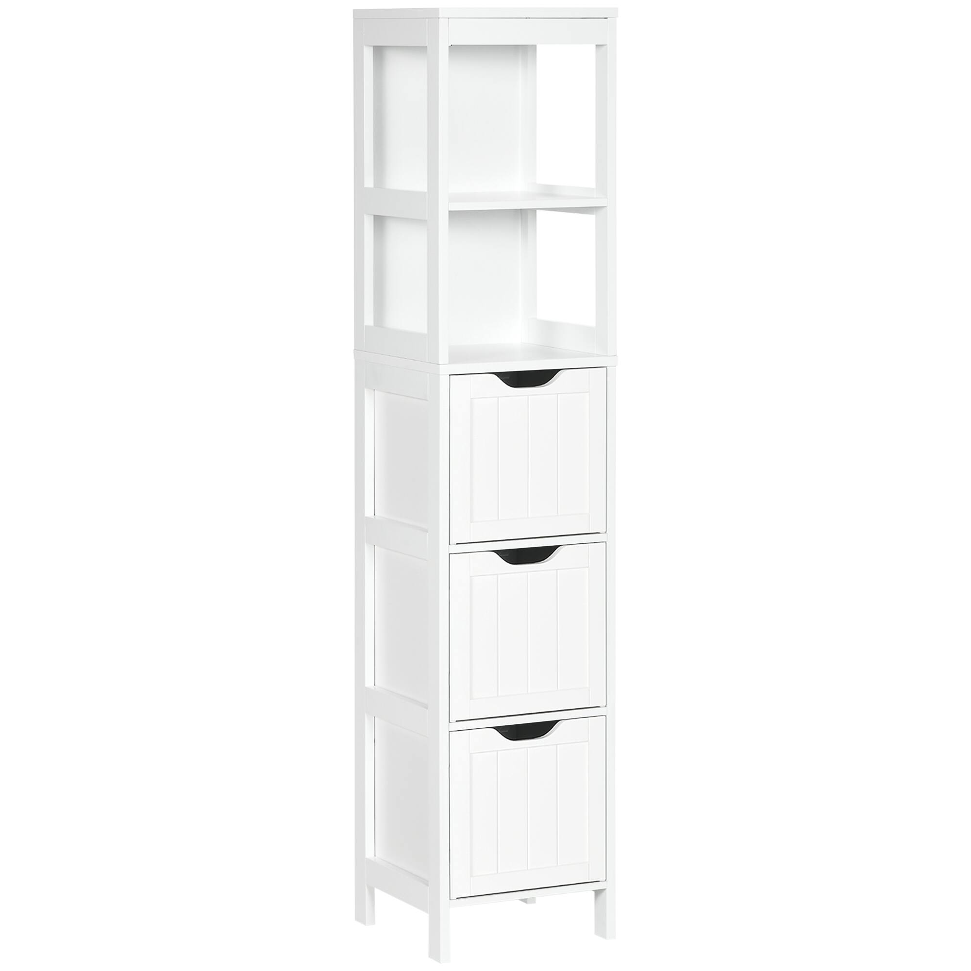 Front. Kleankin - Tall Bathroom Cabinet, Slim Bathroom Storage Cabinet, Narrow Floor Cabinet with 3 Drawers and 2 Open Shelves - White.