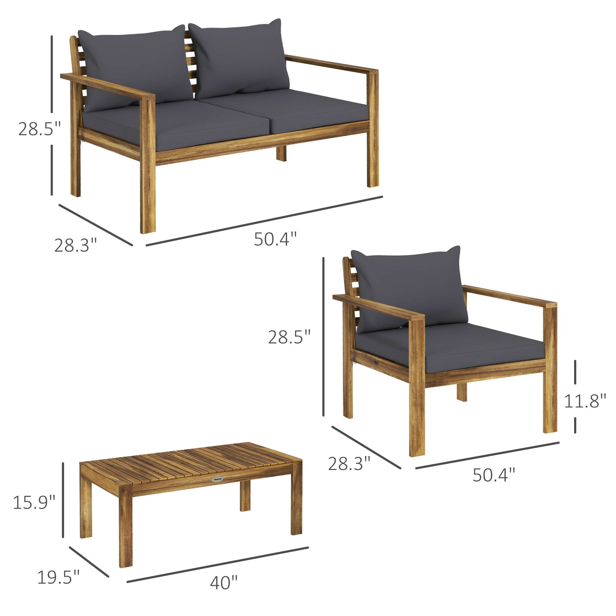 - Sofa:
  - Height: 28.5"
  - Depth: 28.3"
  - Width: 50.4"
  - Seat Height: 11.8"

- Armchair:
  - Height: 28.5"
  - Depth: 28.3"
  - Width: 50.4"

- Coffee Table:
  - Height: 15.9"
  - Depth: 19.5"
  - Width: 40"