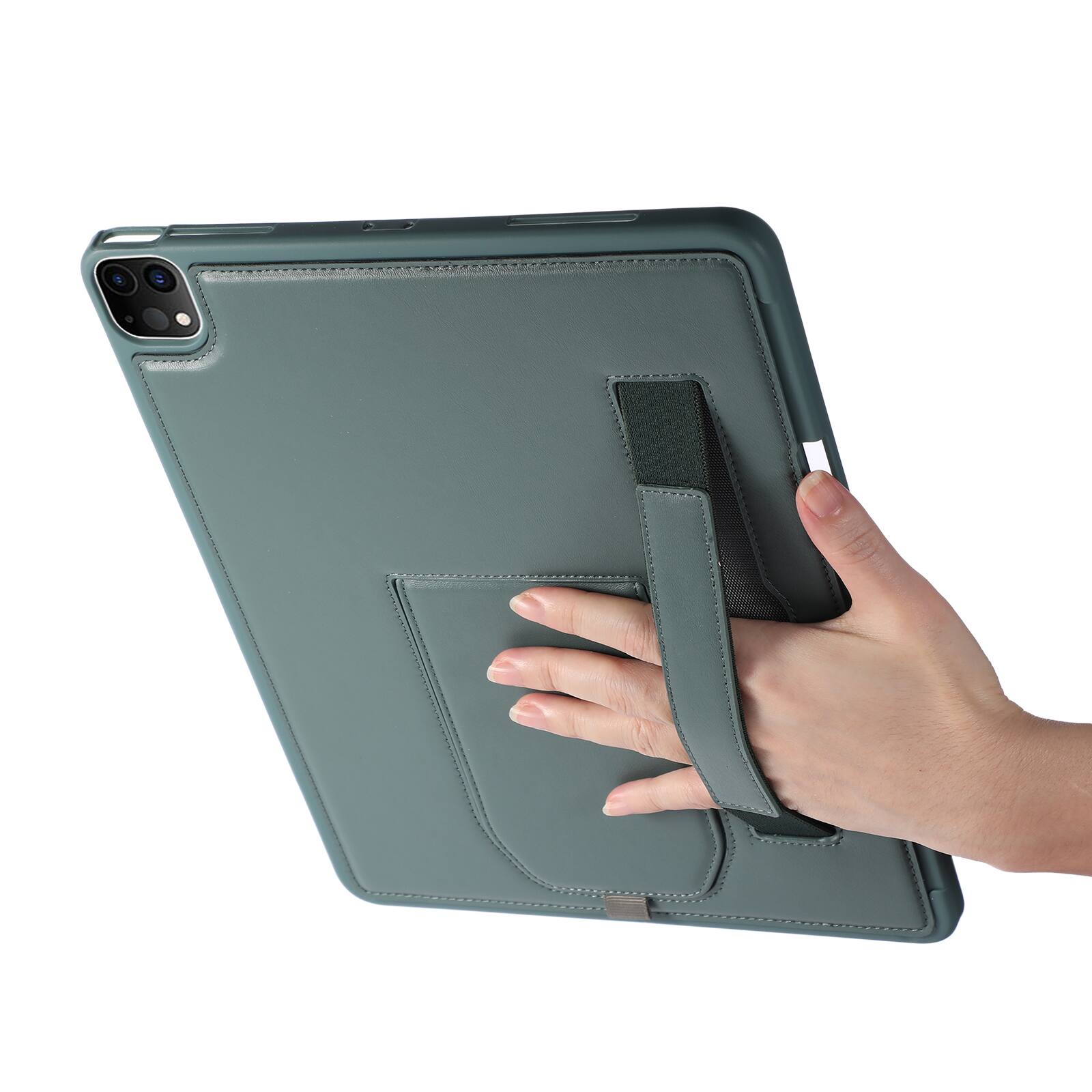 Left. UUCOVER - Case for iPad Air 13-inch M4 M3 M2 (2026/2025/2024) Shockproof PU Leather Hand Strap Kickstand Pencil Holder Cover - Darkgreen.