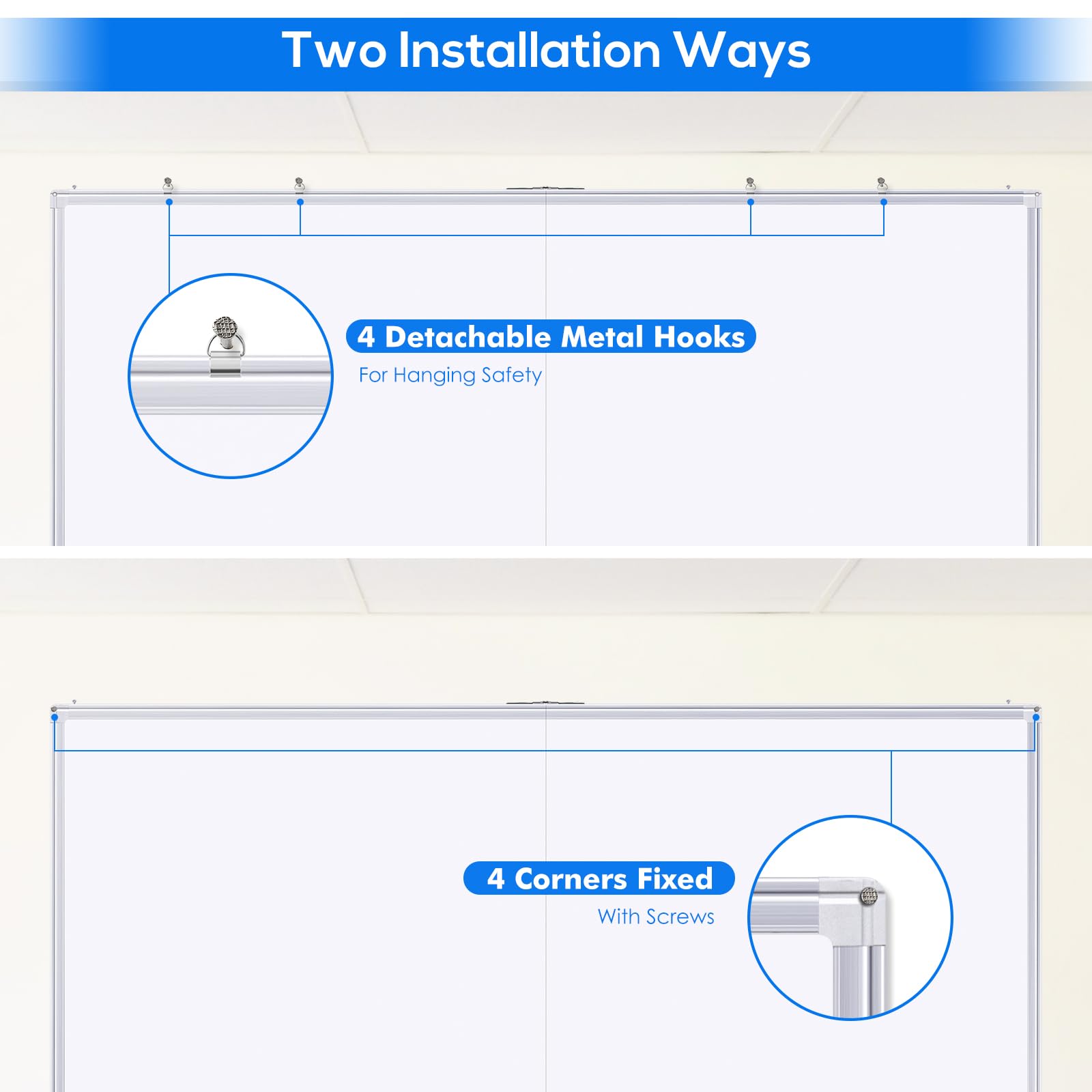 Two Installation Ways

4 Detachable Metal Hooks  
For Hanging Safety

4 Corners Fixed  
With Screws