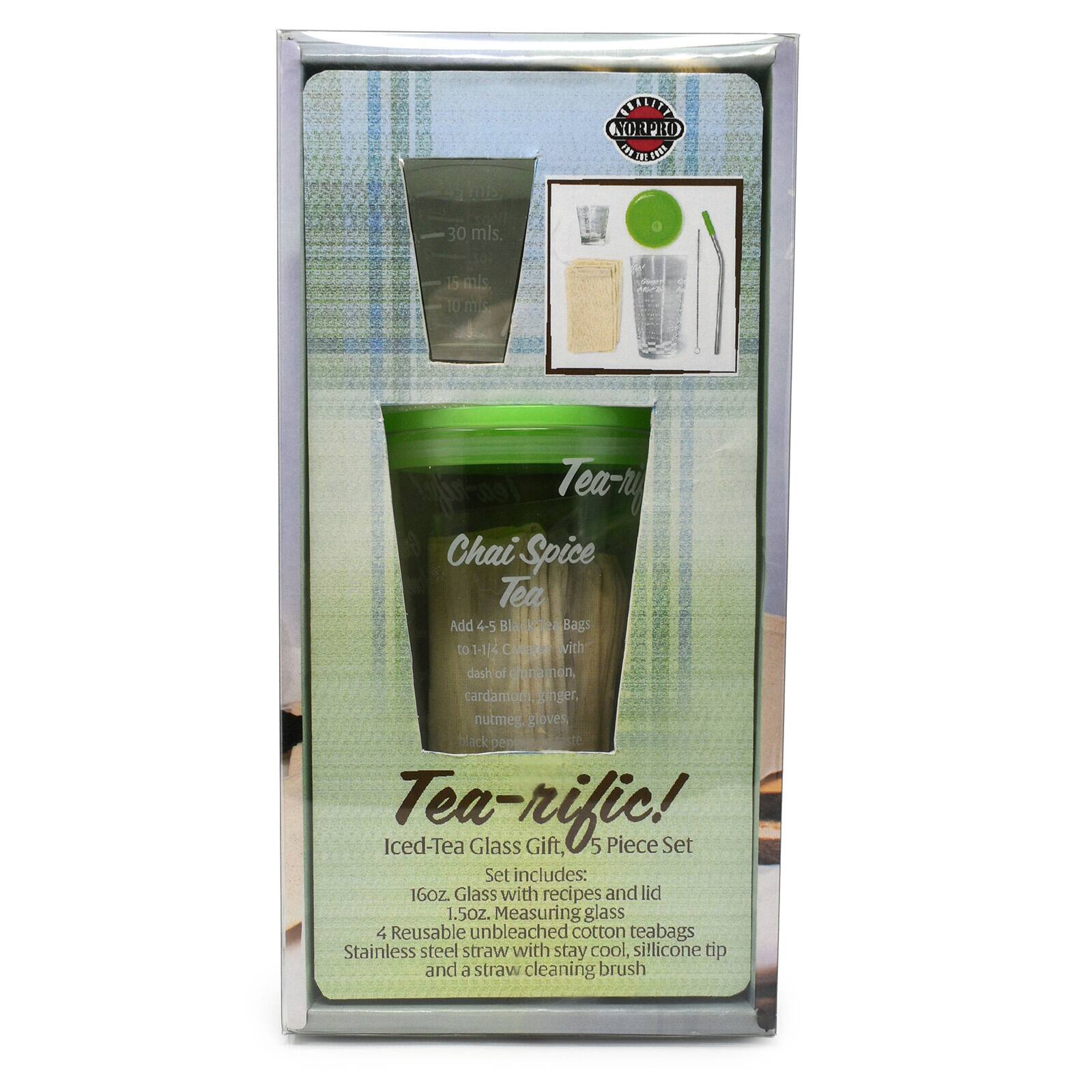 STLTEY ACRPHO E 30 mls. b mls 10 ml Tea-r Chai Spice Tea Add 4-5 Black Bags to 1-1/4 CHER with dash of Janamen, cardamon ginger, nutmeg gloves black eo Iced-Tea Tea-rific! Glass Gift, 5 Piece Set Set includes: 16oz. Glass with recipes and lid 1.5oz. Measuring glass 4 Reusable unbleached cotton teabags Stainless steel straw with stay cool, silicone tip and a straw cleaning brush