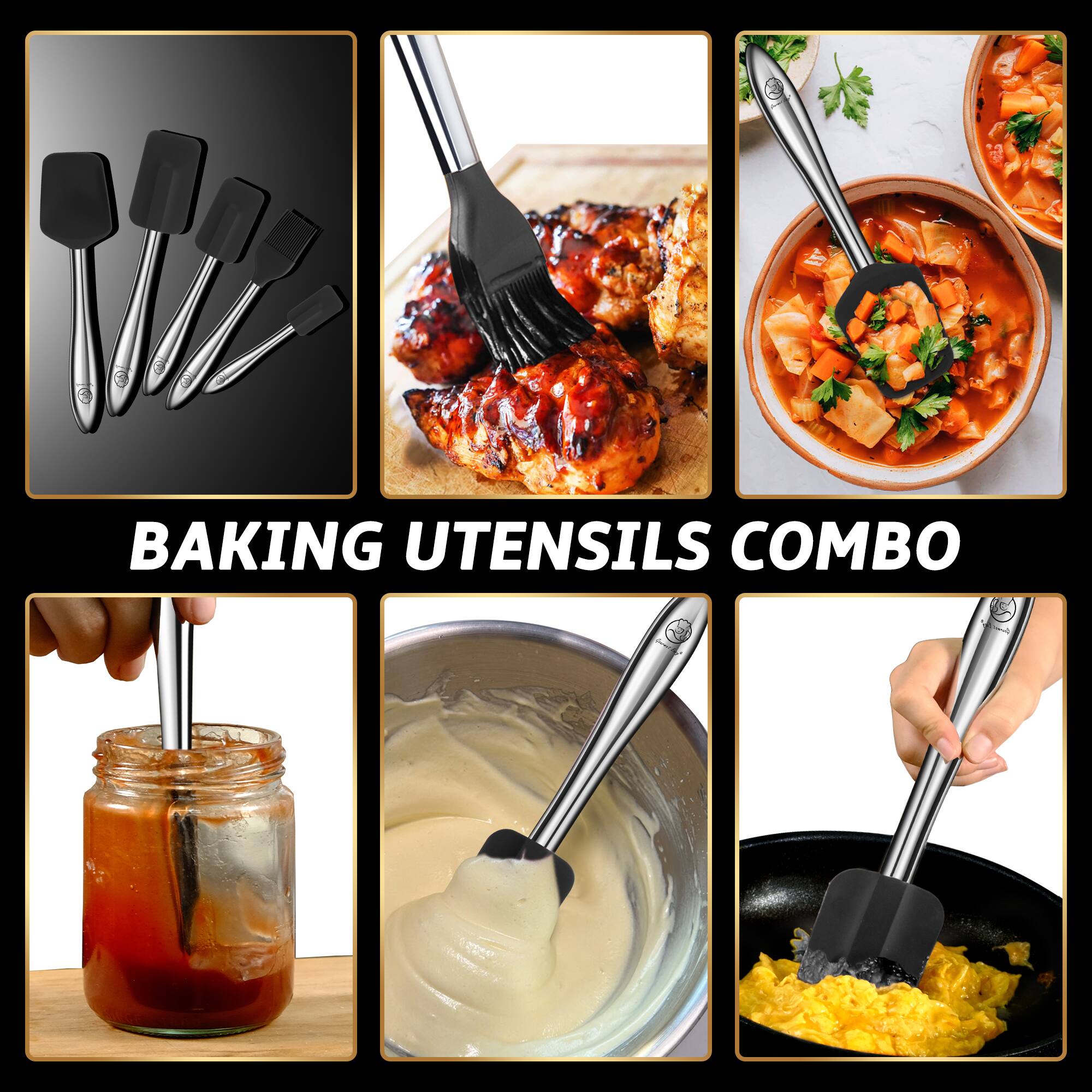 Angle. Gourmet Easy - 5pcs Silicone Spatula Set with Stainless Steel Handle, Spatulas for Cooking & Baking with Spoonula & Brush - Black.