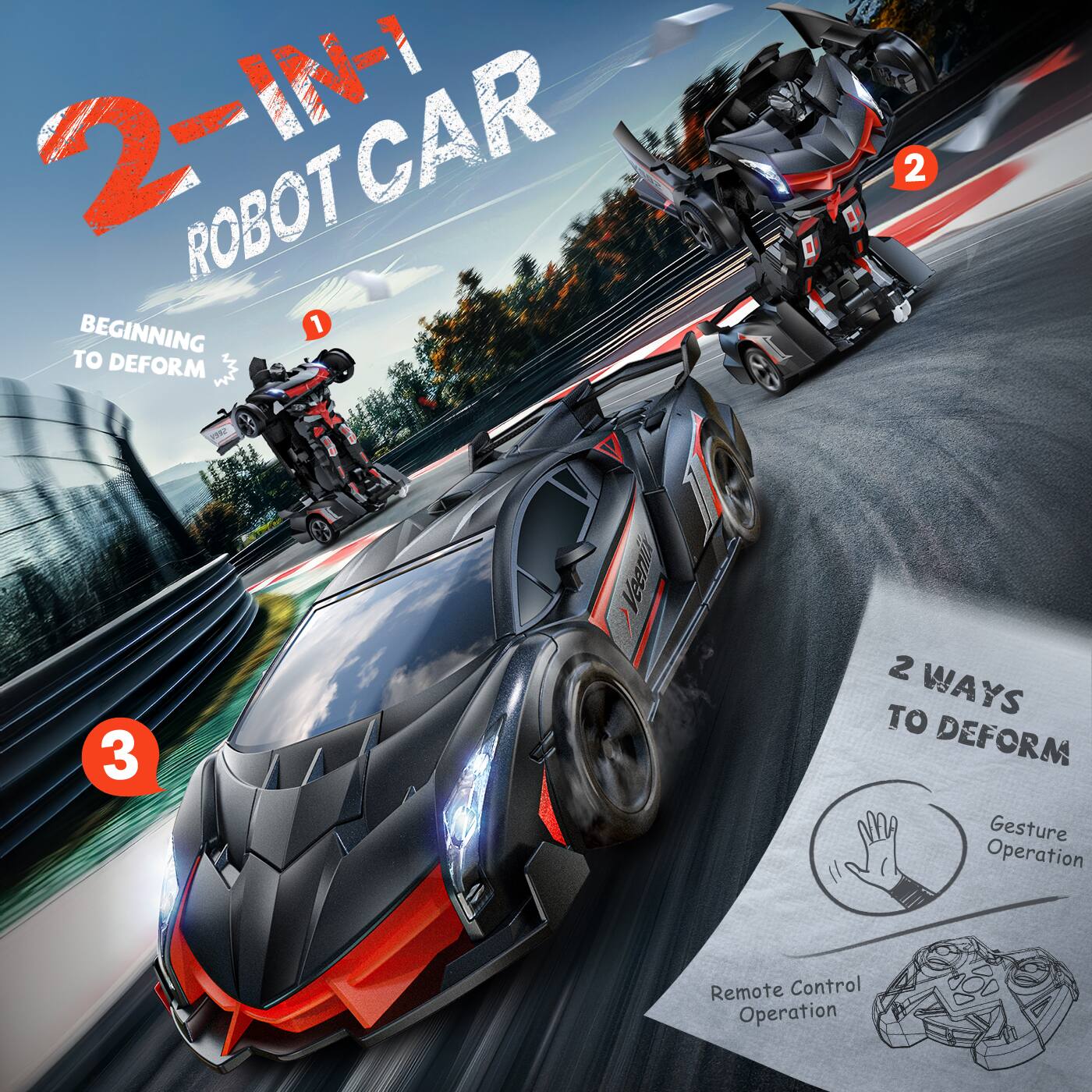 2-IN-1 ROBOT CAR  
BEGINNING TO DEFORM  

1  
2  
3  

2 WAYS TO DEFORM  
Gesture Operation  
Remote Control Operation
