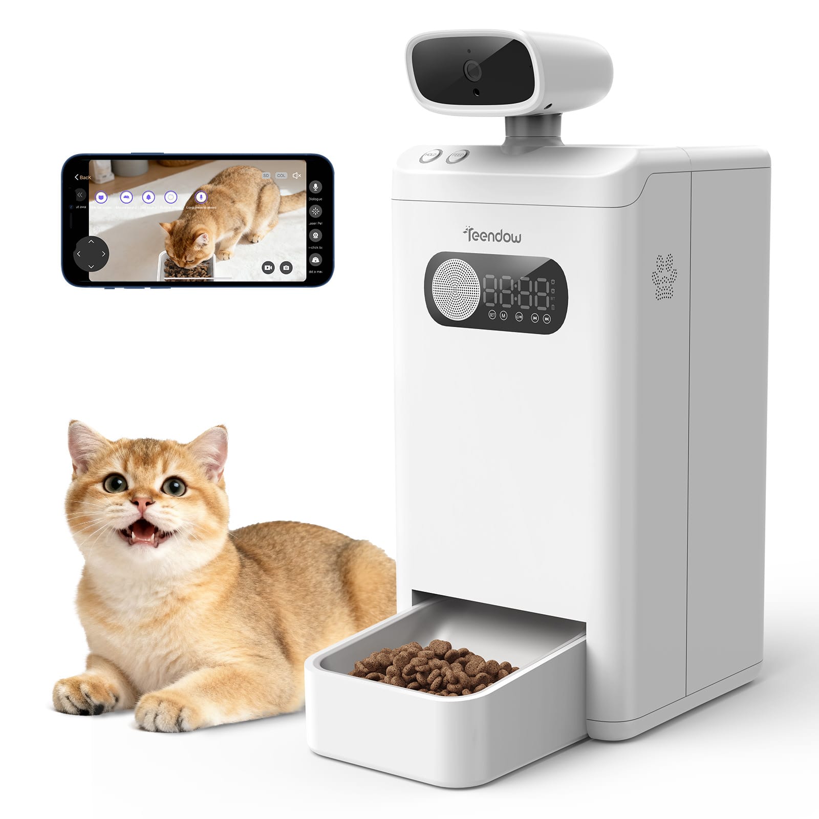 Teendow - AI Subscription Automatic Cat Feeder with Camera, 3.5L Cat Food Dispenser, 5G WiFi APP Control, Timed Feeding - White