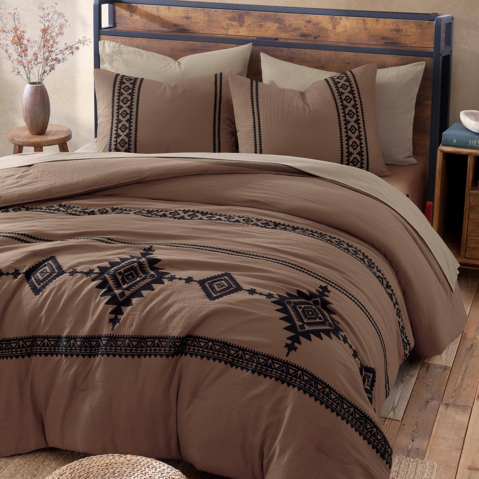 Alt View 3. Dapper Styles - Embroidery Comforter Set Boho Farmhouse Western Bedding All Season Bed In A Bag With Sheets Pillowcases Shams - Navy-King 7 Piece.