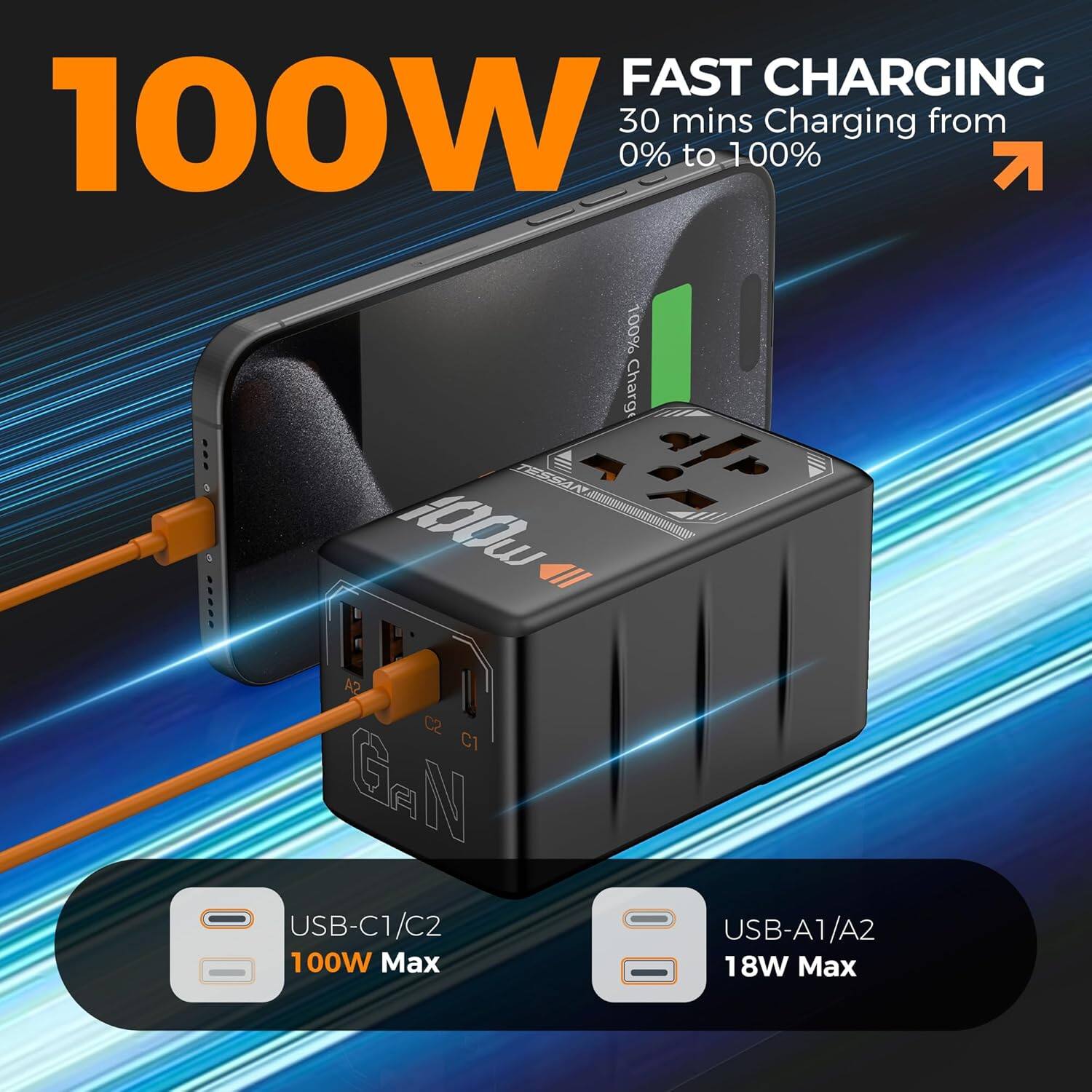 FAST CHARGING  
100W  
30 mins Charging from 0% to 100%  

USB-C1/C2  
100W Max  

USB-A1/A2  
18W Max