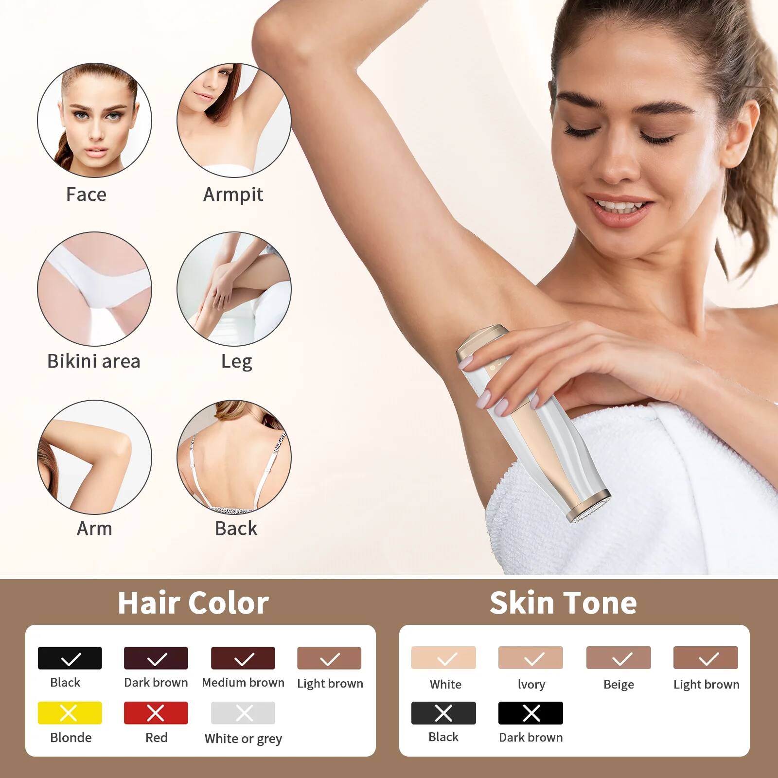 **Hair Color:**
- Black
- Dark brown
- Medium brown
- Light brown
- Blonde
- Red
- White or grey

**Skin Tone:**
- White
- Ivory
- Beige
- Light brown
- Black
- Dark brown