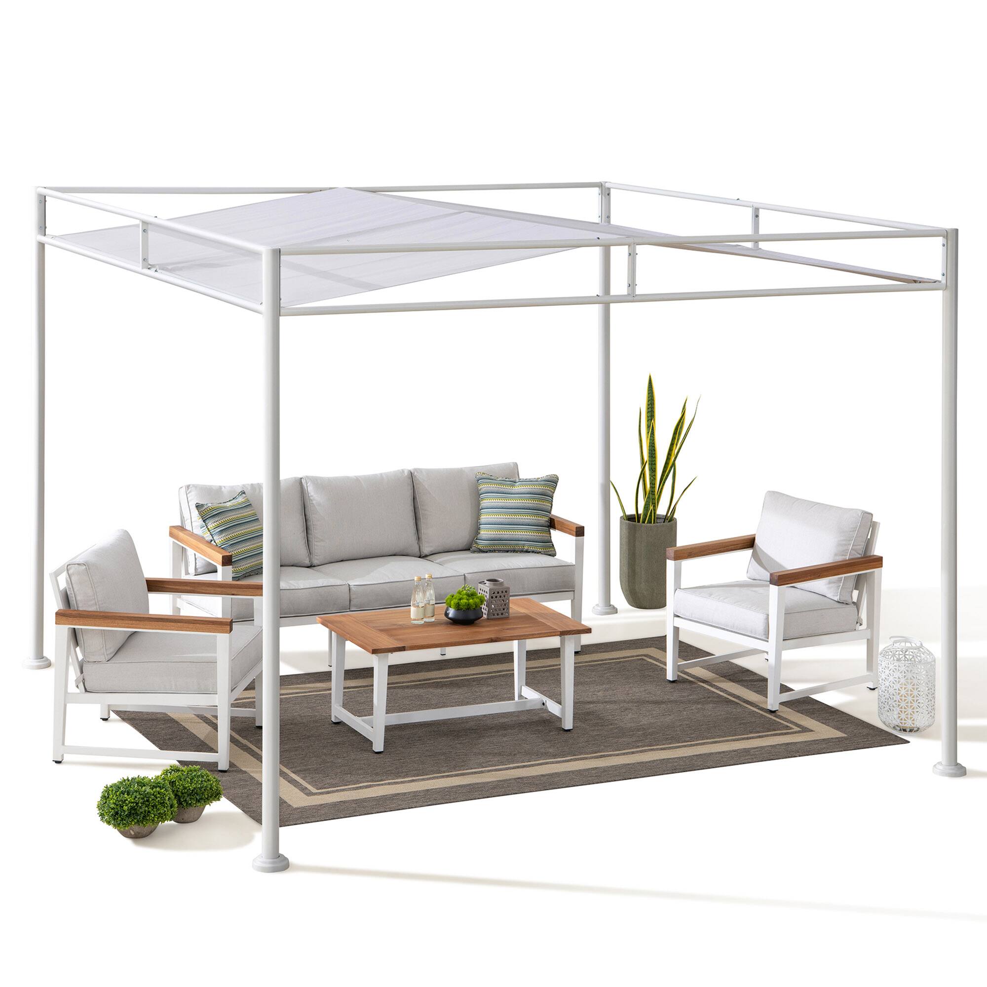 Angle. SUNJOY - Sunjoy 10’ x 10’ Darkeford Metal Pergola with White Sling Fabric Canopy.