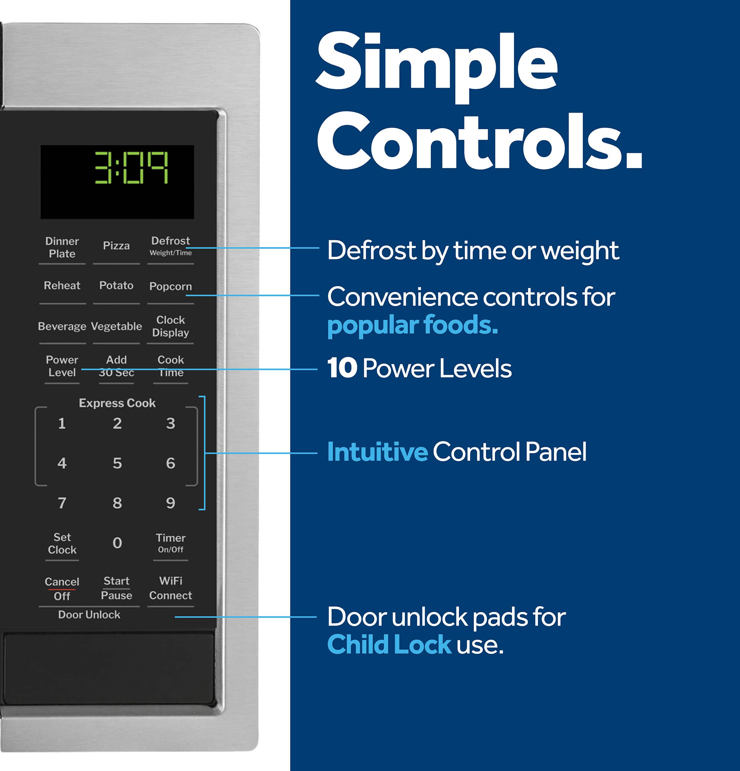 Simple Controls:
1. Dinner Defrost
2. Pizza Plate
3. Weight/Time Reheat
4. Popcorn
5. Clock
6. Beverage
7. Vegetable Display
8. Power Add Cook
9. Level 30 sec
10. Time Defrost by time or weight
11. Convenience controls for popular foods.
12. 10 Power Levels
13. Express Cook 1, 2, 3, 4, 5, 6
14. Intuitive Control Panel
15. Set Clock
16. Timer On/Off
17. Cancel
18. Start
19. WiFi Off
20. Pause
21. Connect
22. Door Unlock
23. Door unlock pads for Child Lock use.