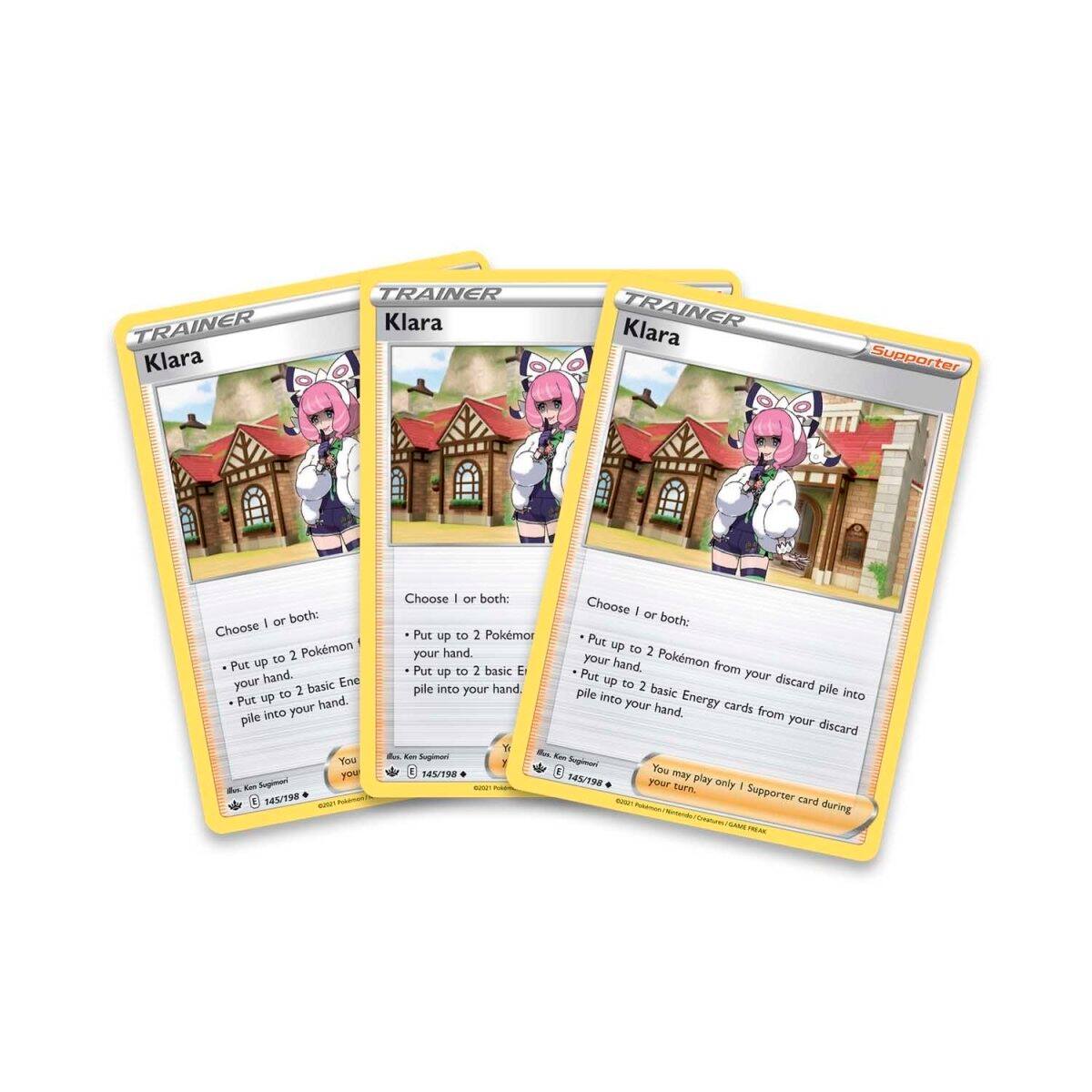 TRAINER Klara  
Klara TRAINER  
Supporter  

Choose 1 or both:  
- Put up to 2 Pokémon from your discard pile into your hand.  
- Put up to 2 basic Energy cards from your discard pile into your hand.  

You may play only 1 Supporter card during your turn.