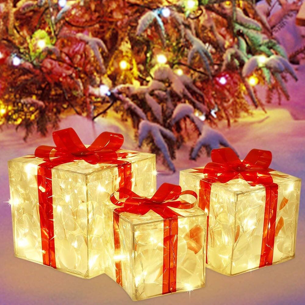 Back. RTMB - 3-Pack Christmas Lighted Boxes with 60 LED Lights, Outdoor Yard Decor, Festive Light-Up Present Decorations - White.
