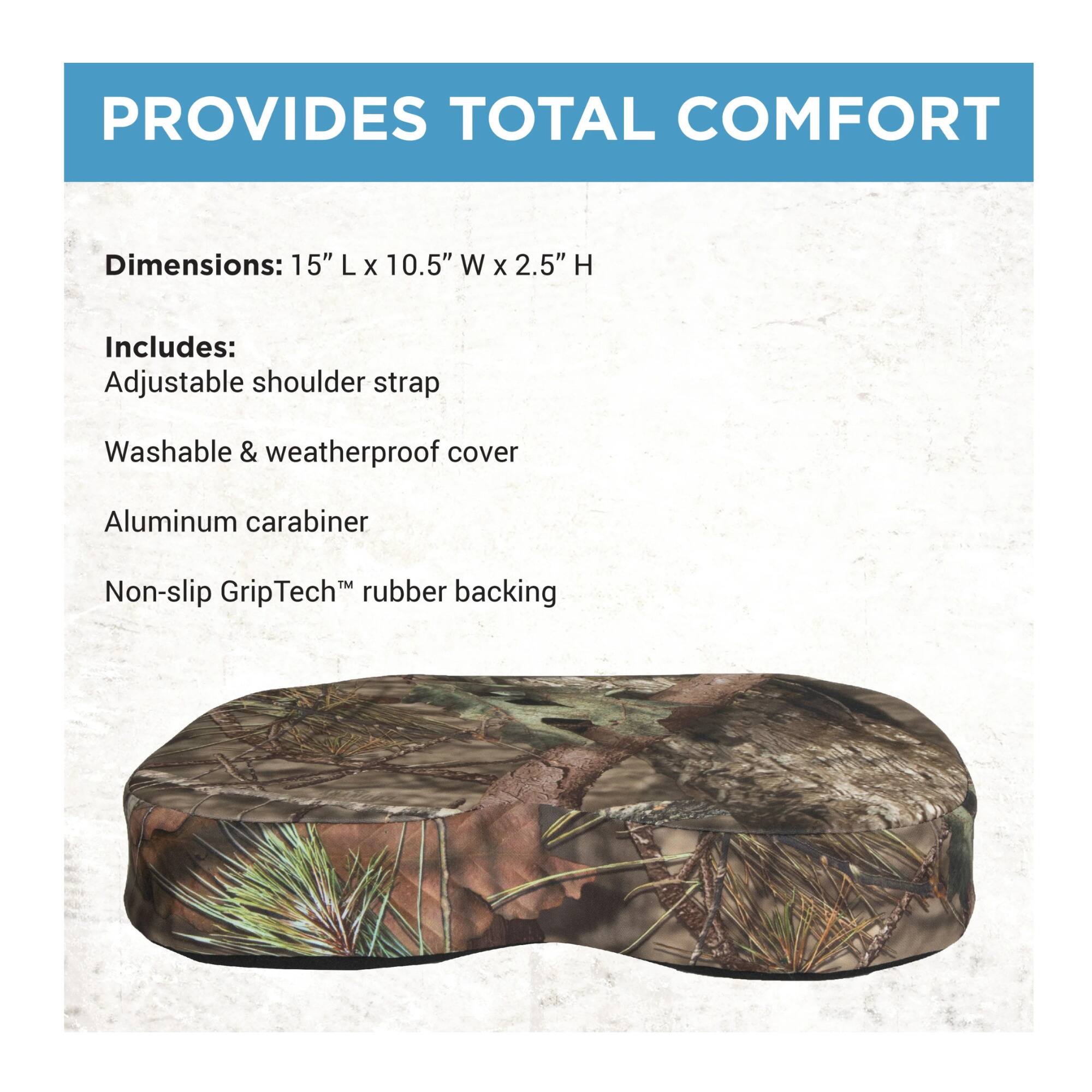 PROVIDES TOTAL COMFORT

Dimensions: 15" L x 10.5" W x 2.5" H

Includes:
- Adjustable shoulder strap
- Washable & weatherproof cover
- Aluminum carabiner
- Non-slip GripTech™ rubber backing