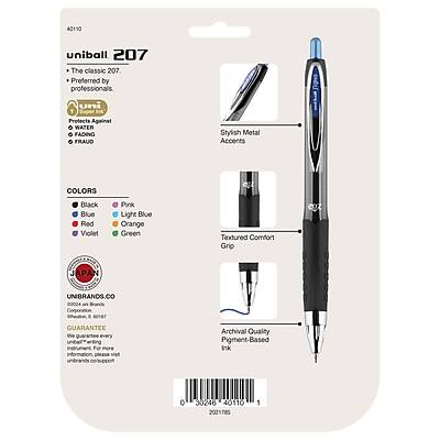40150 uniball 207  
The classic 207  
Preferred by professionals  
Protects Against  
• WATER  
• FADING  
• FRAUD  

Stylish Metal Accents  

COLORS  
Black  
Blue  
Red  
Violet  
Pink  
Light Blue  
Orange  
Green  

Textured Comfort Grip  

JAPAN UNIBRANDS.CO  
Corporation  
6187  

GUARANTEE  
We guarantee every Archival Quality Pigment-Based Ink  
For more information, visit www.uniball.com  

0 30246 40110 2021785