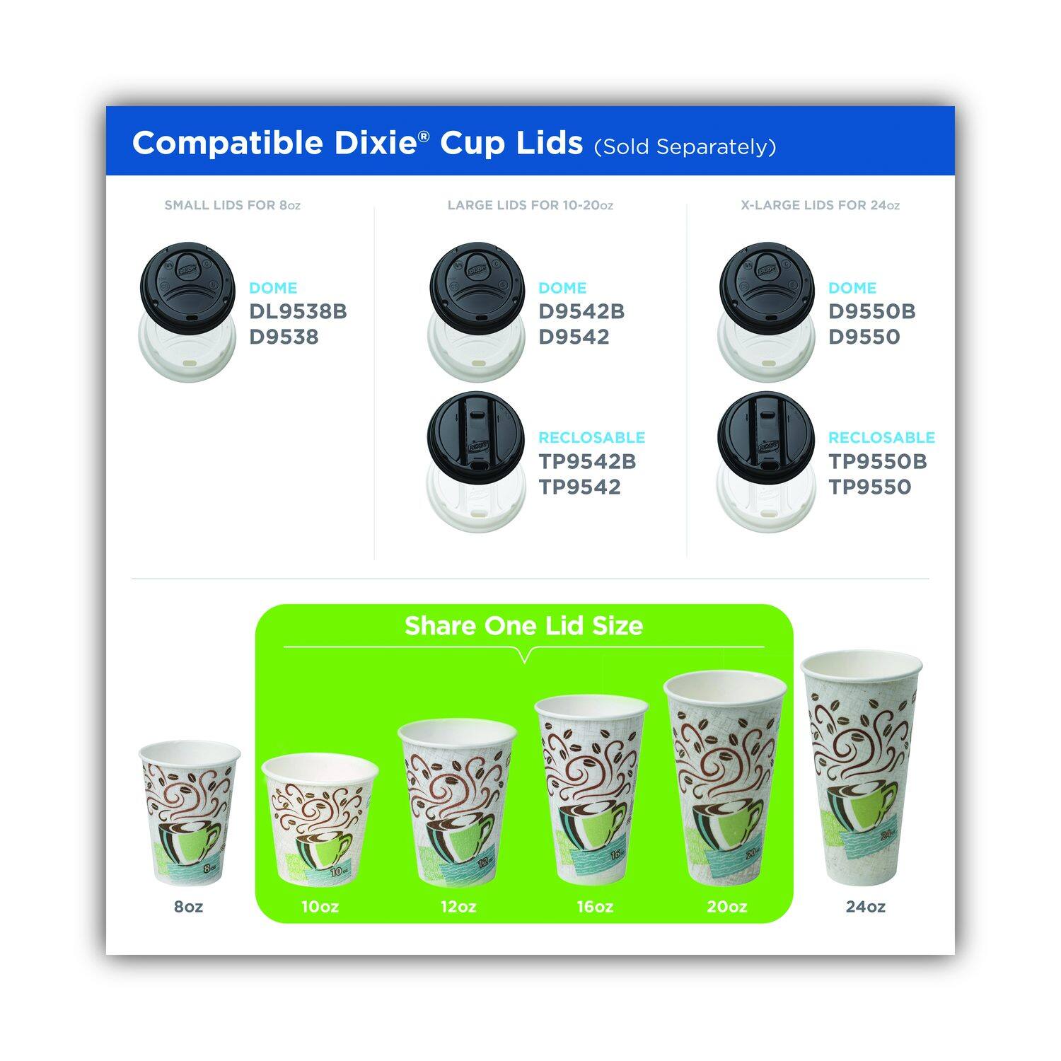 Compatible Dixie Cup Lids (Sold Separately)

SMALL LIDS FOR 8oz
- DOME DL9538B
- D9538

LARGE LIDS FOR 10-20oz
- DOME D9542B
- D9542

X-LARGE LIDS FOR 24oz
- DOME D9550B
- D9550

RECLOSEABLE
- TP9542B
- TP9542
- TP9550B
- TP9550

Share One Lid Size
- 8oz
- 10oz
- 12oz
- 16oz
- 20oz
- 24oz