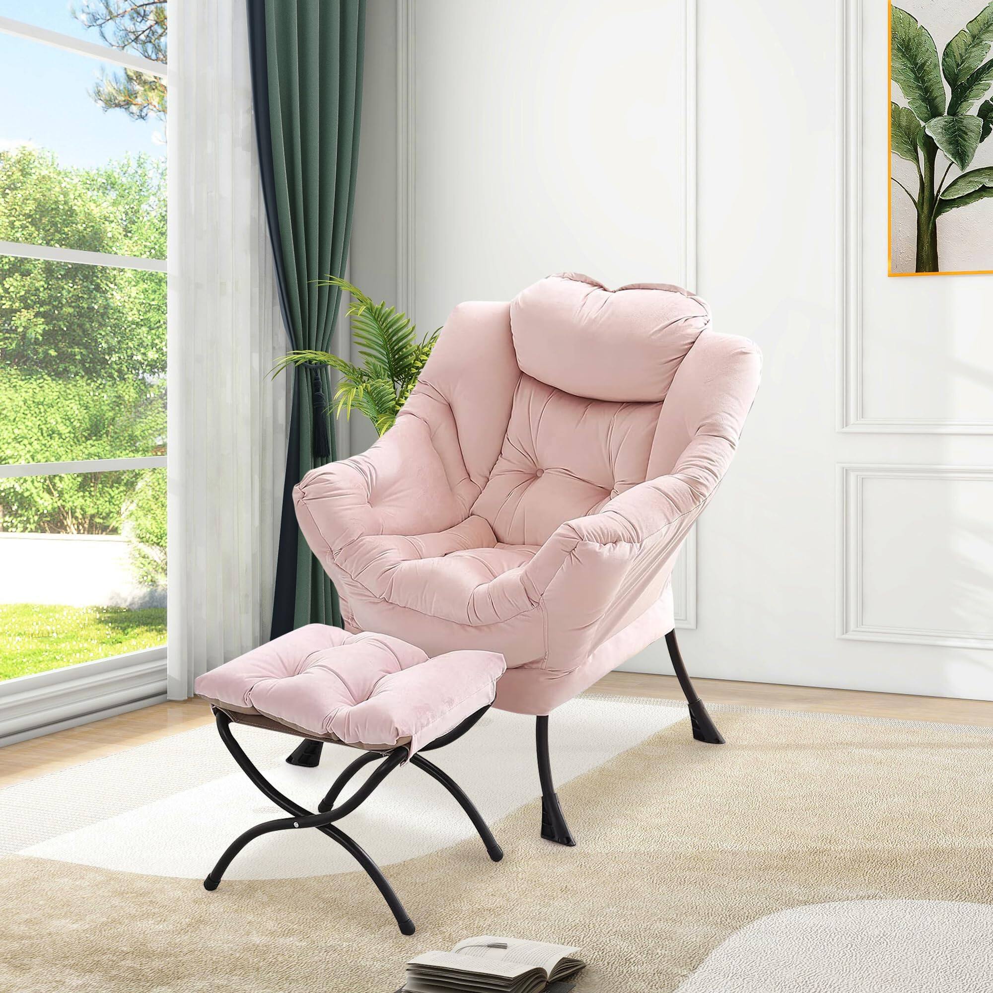 Angle. Babevy - Lazy Chair with Ottoman, Modern Lounge Accent Chair, Leisure Sofa Armchair with Footrest & Side Pocket - Velvet Pink.