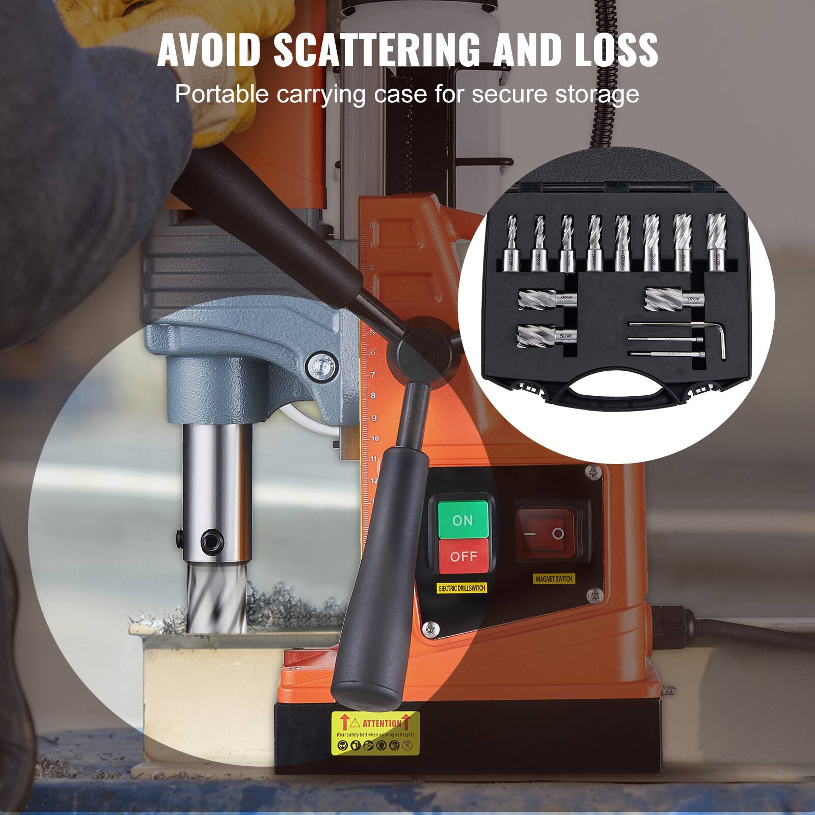 AVOID SCATTERING AND LOSS  
Portable carrying case for secure storage  

ON  
OFF  
ELECTRIC DRILL LIMIT  
MAGNET SWITCH  

ATTENTION  
Your safety is our priority. Please read the manual before use.