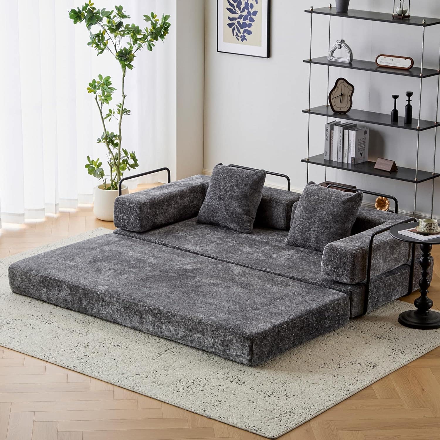 Front. Trinkets Crazed - Convertible Floor Sofa Bed with Fixed-Shape Frame, Chenille Boneless Sofa Folding Mattress Couch with Armrest - dark gray.