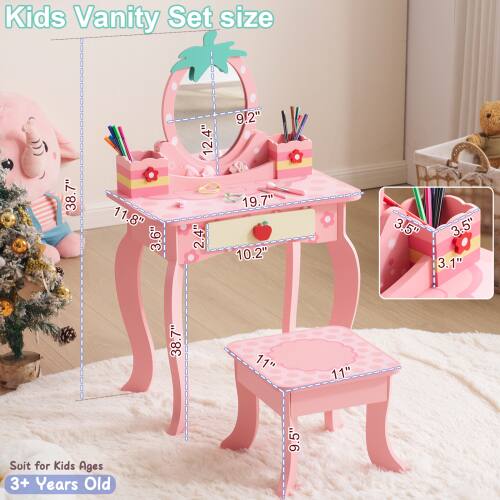 Kids Vanity Set size 38.7" x 11.8" x 3.6" 12.4" x 2.4" 9.2" 19.7" x 10.2" 3.5" 3.5" 3.1" 38.7" x 11" x 11" Soit for Kids Ages 3+ Years Old 9.5"
