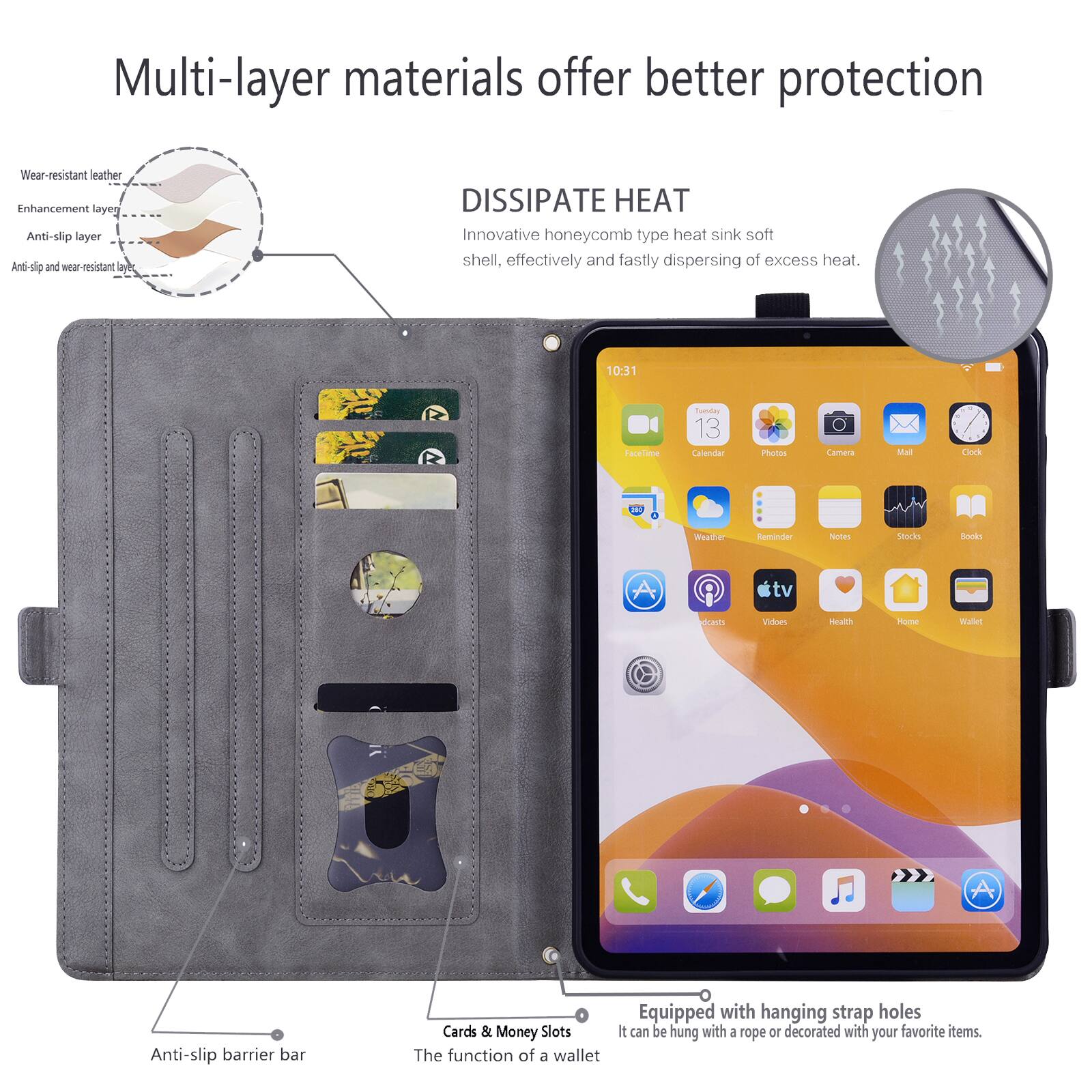 Multi-layer materials offer better protection. Wear-resistant leather, enhancement layer, anti-slip layer, and anti-slip and wear-resistant layers. DISSIPATE HEAT: Innovative honeycomb type heat sink soft shell, effectively and fastly dispersing of excess heat. 10:31 FaceTime, Calendar, Photos, Camera, Mail, Clock, Weather, Reminders, Notes, Stocks, Books, TV, Health, Home, Wallet. Anti-slip barrier bar. Cards & Money Slots. The function of a wallet. Equipped with hanging strap holes. It can be hung with a rope or decorated with your favorite items.