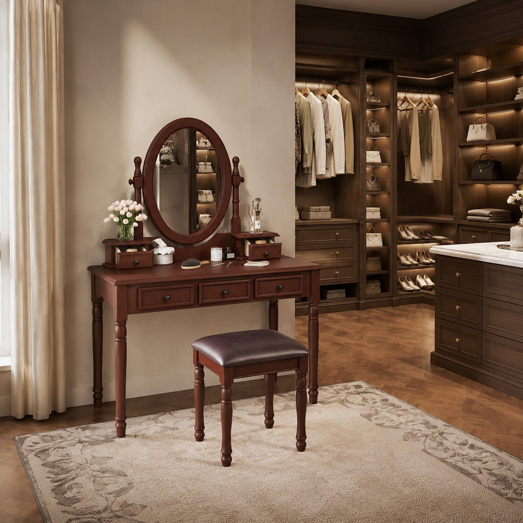 Left. RYHNUYNE - Vintage Vanity Desk Set, Walnut Rubber Wood Makeup Table, Cushioned Stool, 5 Velvet-Lined Drawers, 180-Degree Mirror - Walnut.