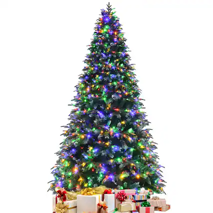 Front. Costway - 9ft Pre-Lit Snowy Christmas Hinged Tree 11 Flash Modes w/ 780 Multi-Color Lights - Green/White.