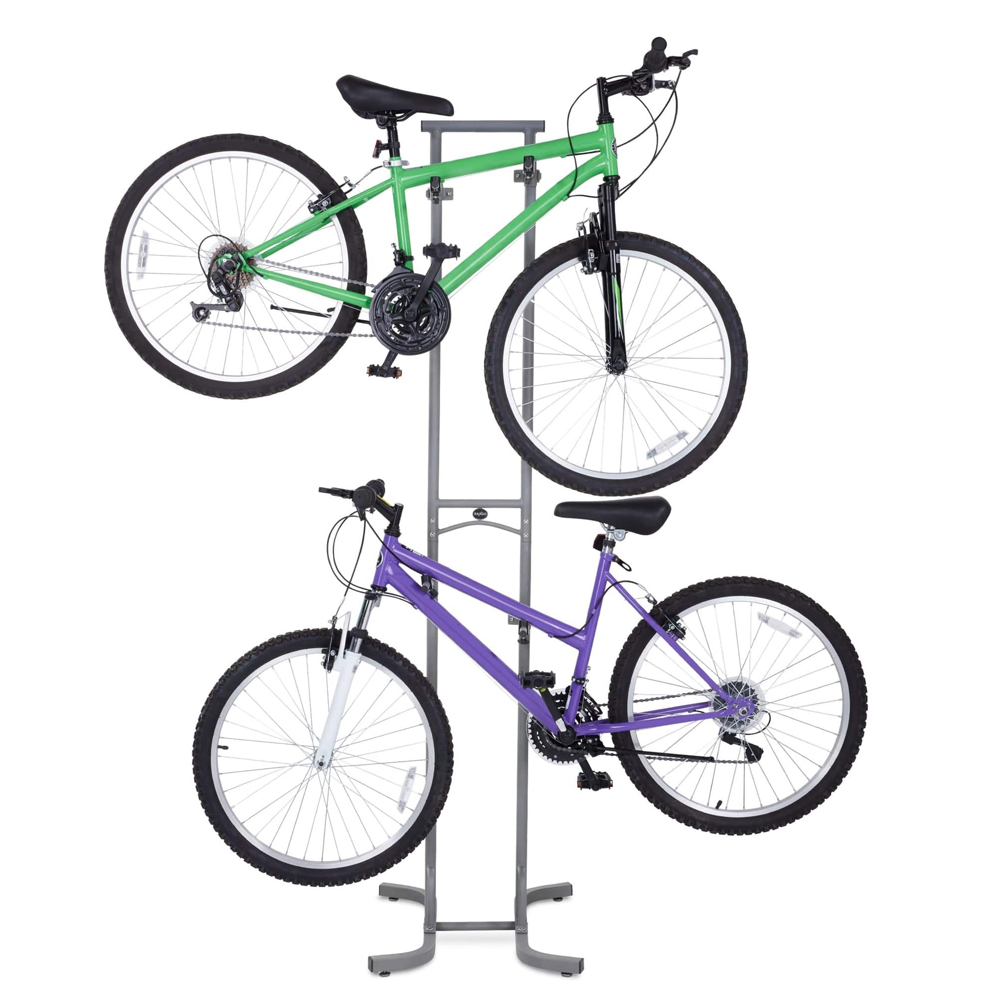 RaxGo - Freestanting Bike Storage Rack, 2 Bicycle Stand W/Adjustable Hooks, for Mountain & Road Bikes - Black & Grey