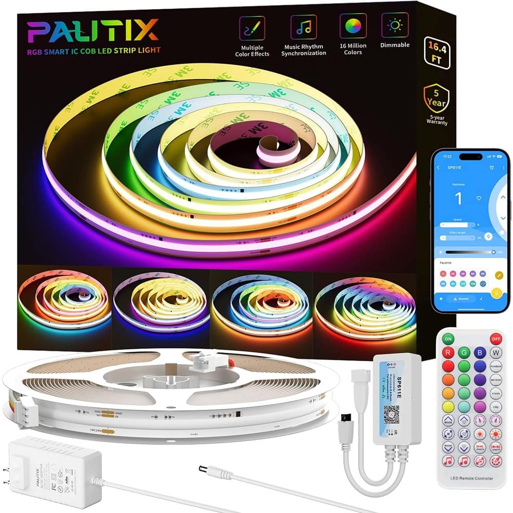 PARKER SLATER - Smart IC COB LED Strip Light Addressable 16.4ft/5m,UL-Listed 24V Color Flowing Strip Light Multicolor Flexible Tape - RGB