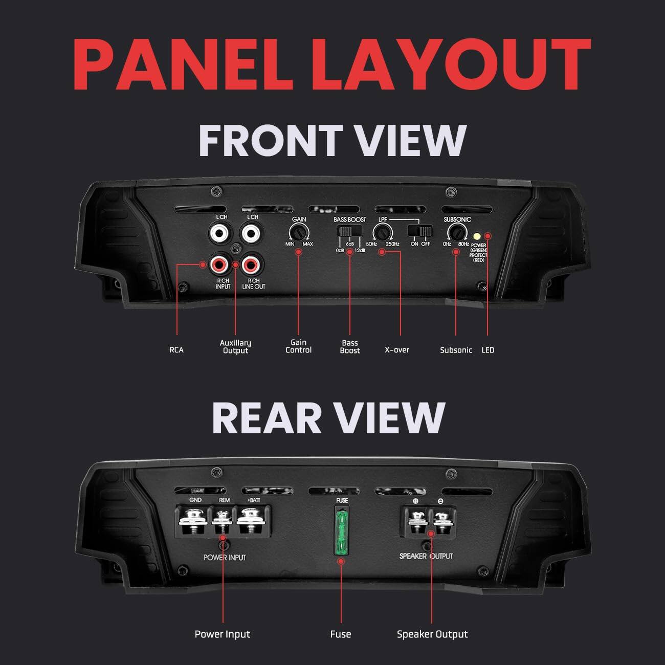 PANEL LAYOUT

FRONT VIEW
- LCH
- LO GAN
- BASS BOOST
- FF SUBSONIC
- A 2 X0H
- 200 ouR
- 12 + I O oF ae . -
- POMAR - PORC - 1CH INPUI
- CH LINE Ou RCA
- Auxillary Output
- Gain Control
- Bass Boost
- X-aver
- Subsonic
- LED

REAR VIEW
- GND
- AM +BATI
- FEA
- POWER NPUT
- SPEAKER OUTPUT
- Power Input
- Fuse
- Speaker Output