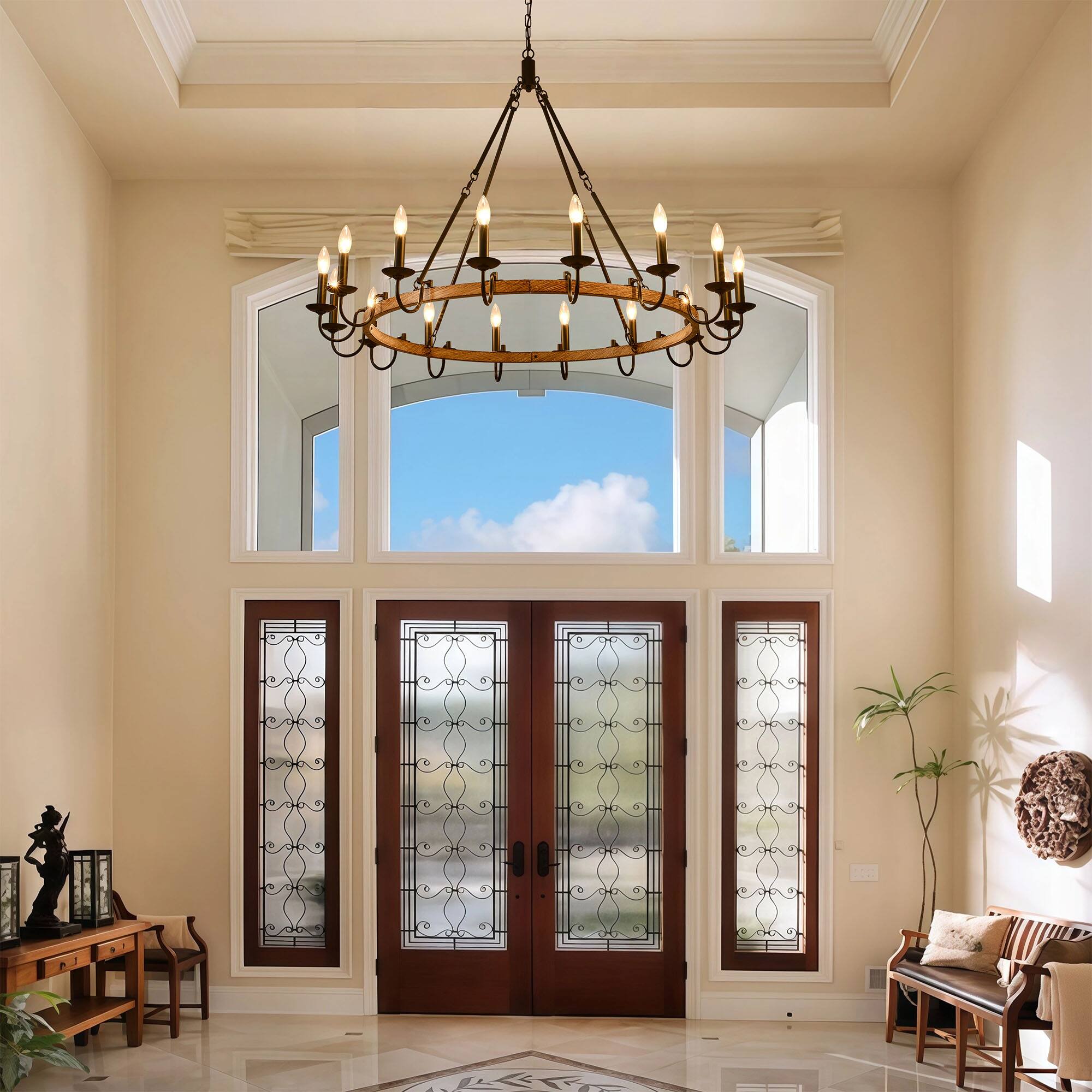 Angle. RYHNUYNE - BAOURE 16-Light Rustic Wagon Wheel Chandelier,Farmhouse Dining Room Light Fixture,Round Wood Chandelier for Living Room - Black.