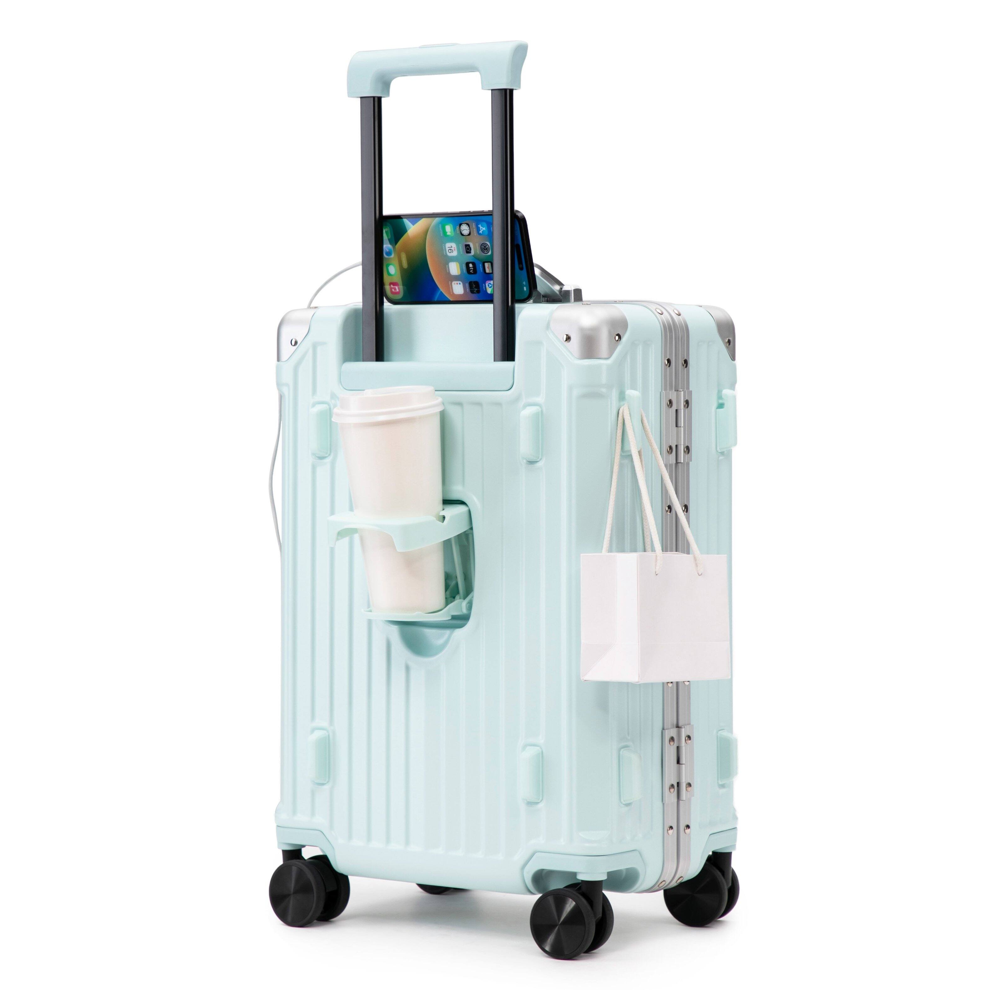 Angle. Z-Edge - 20" Carry On Luggage with Aluminum Frame, Hard Shell Suitcase with Spinner Wheels, USB Charging Port, Cup Holder, Hooks - Blue.