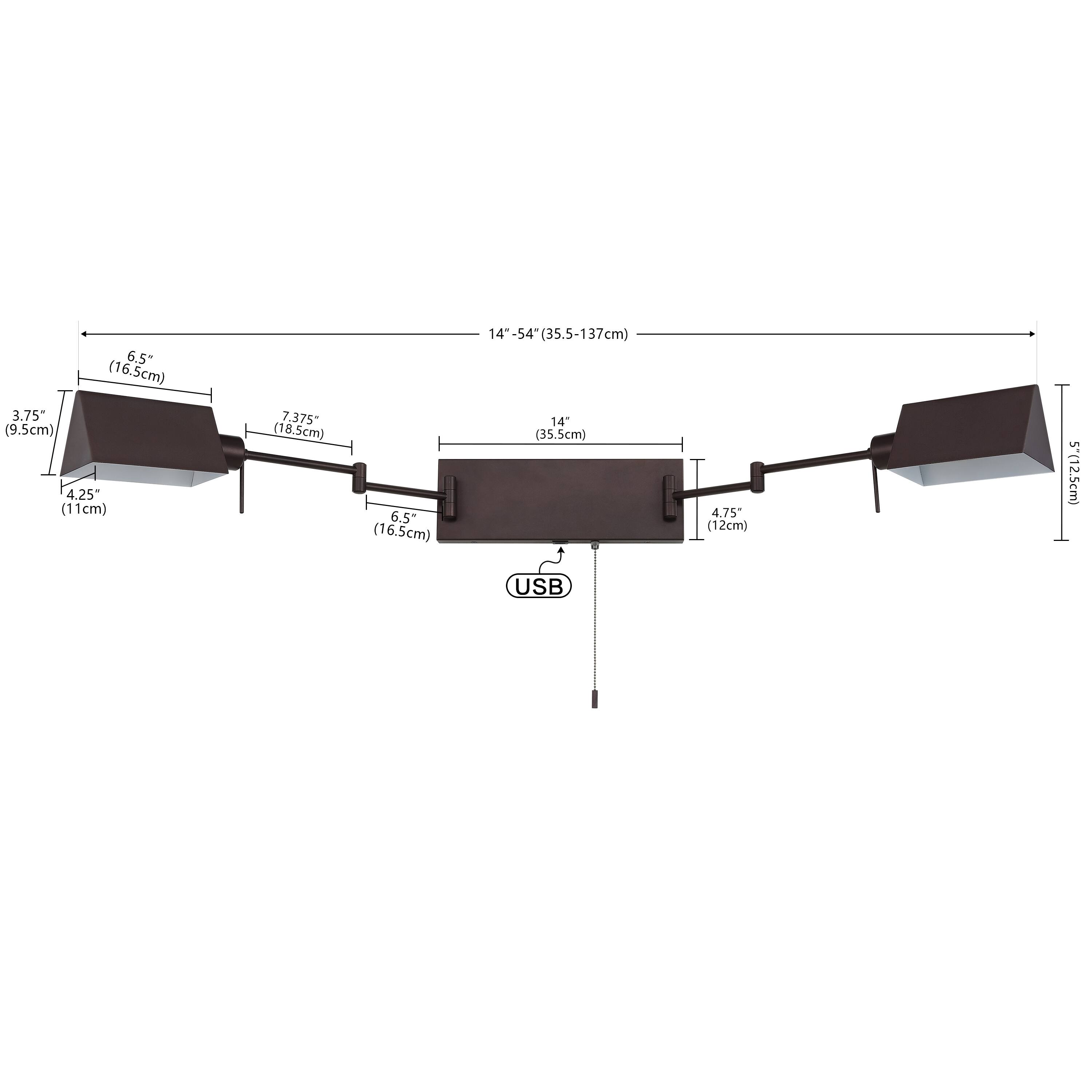 6.5" (16.5cm)  
3.75" (9.5cm)  
4.25" (11cm)  
7.375" (18.5cm)  
6.5" (16.5cm)  
14"-54" (35.5-137cm)  
14" (35.5cm)  
4.75" (12cm)  
5" (12.5cm)  
USB
