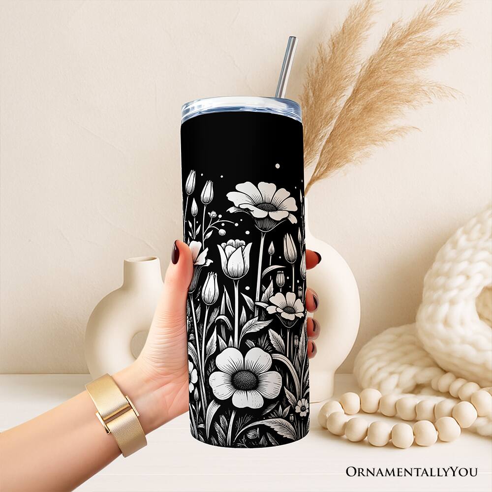 Left. OrnamentallyYou - Elegant Wildflower Meadow 20oz Tumbler With Stainless Steel Straw, Minimalist Floral Gift Cup - Multicolored.