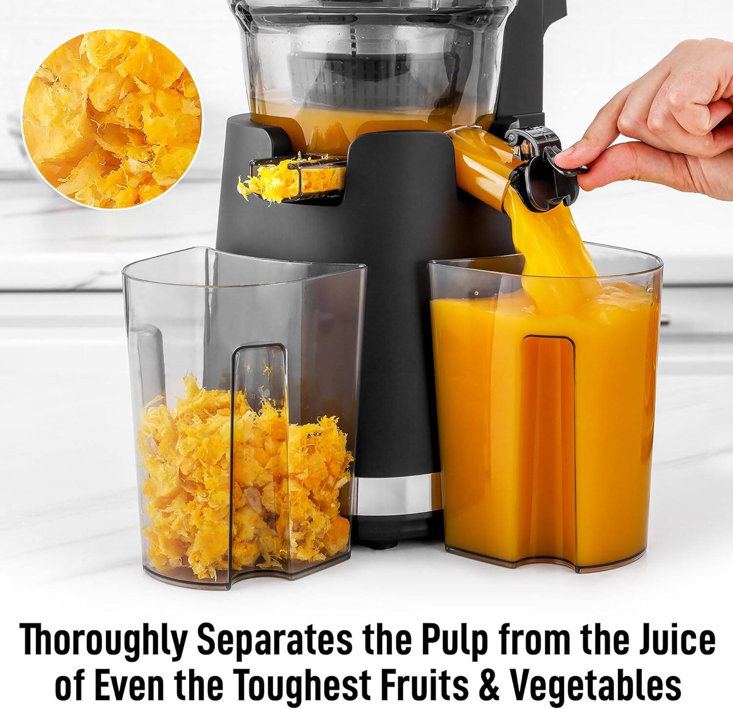 Thoroughly Separates the Pulp from the Juice of Even the Toughest Fruits & Vegetables